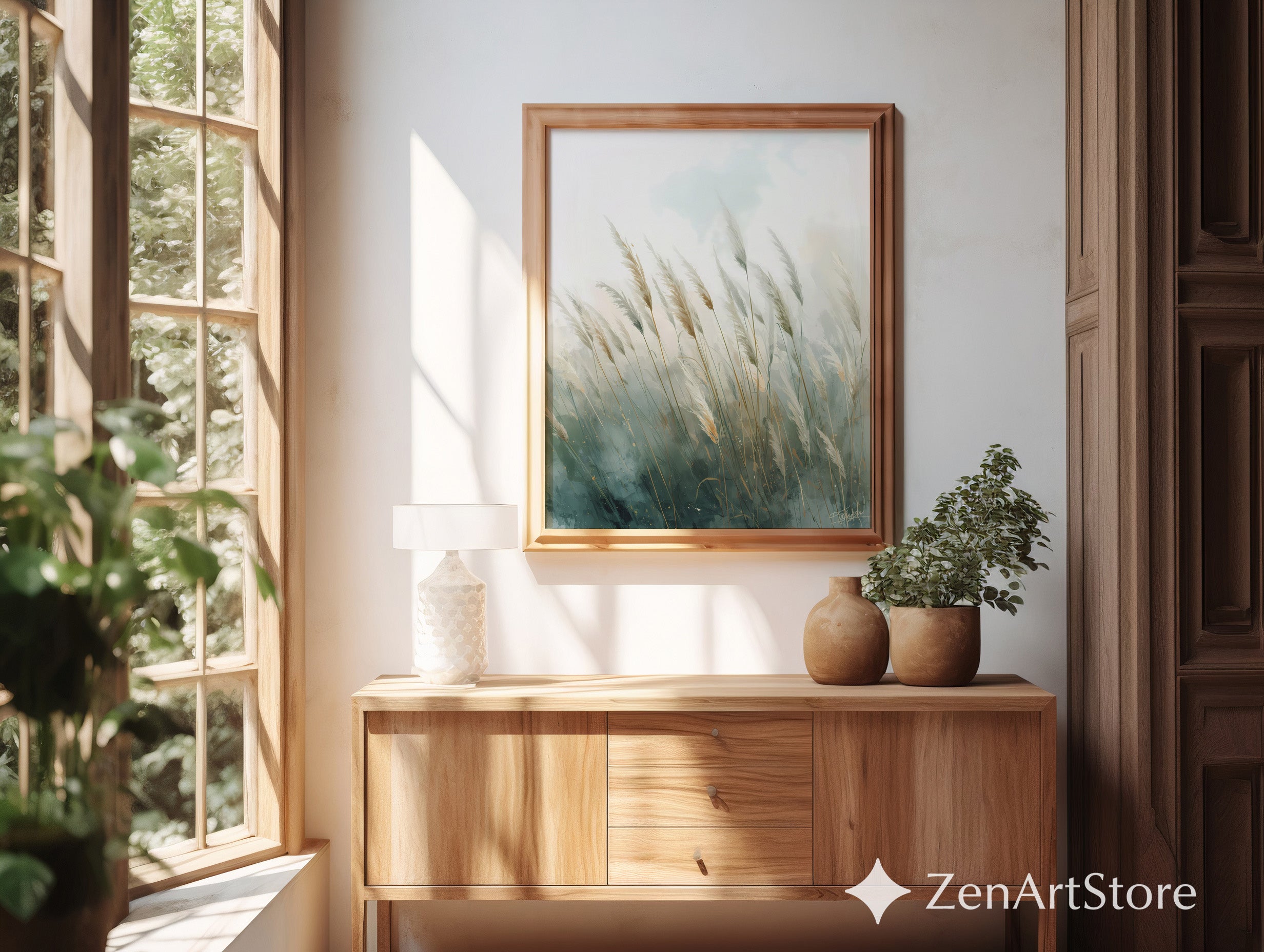 Pampas Grass Wall Art Print – Neutral Botanical Minimalist Canvas, Calm Teal Beige Landscape for Living Room, Bedroom, Japandi Home Decor