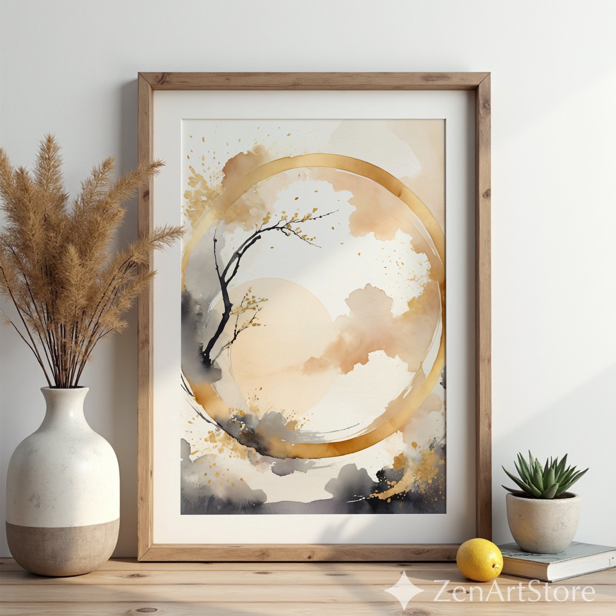 Abstract Zen Gold Circle Wall Art - Minimal Japandi Neutral Print Beige Black Botanical Landscape