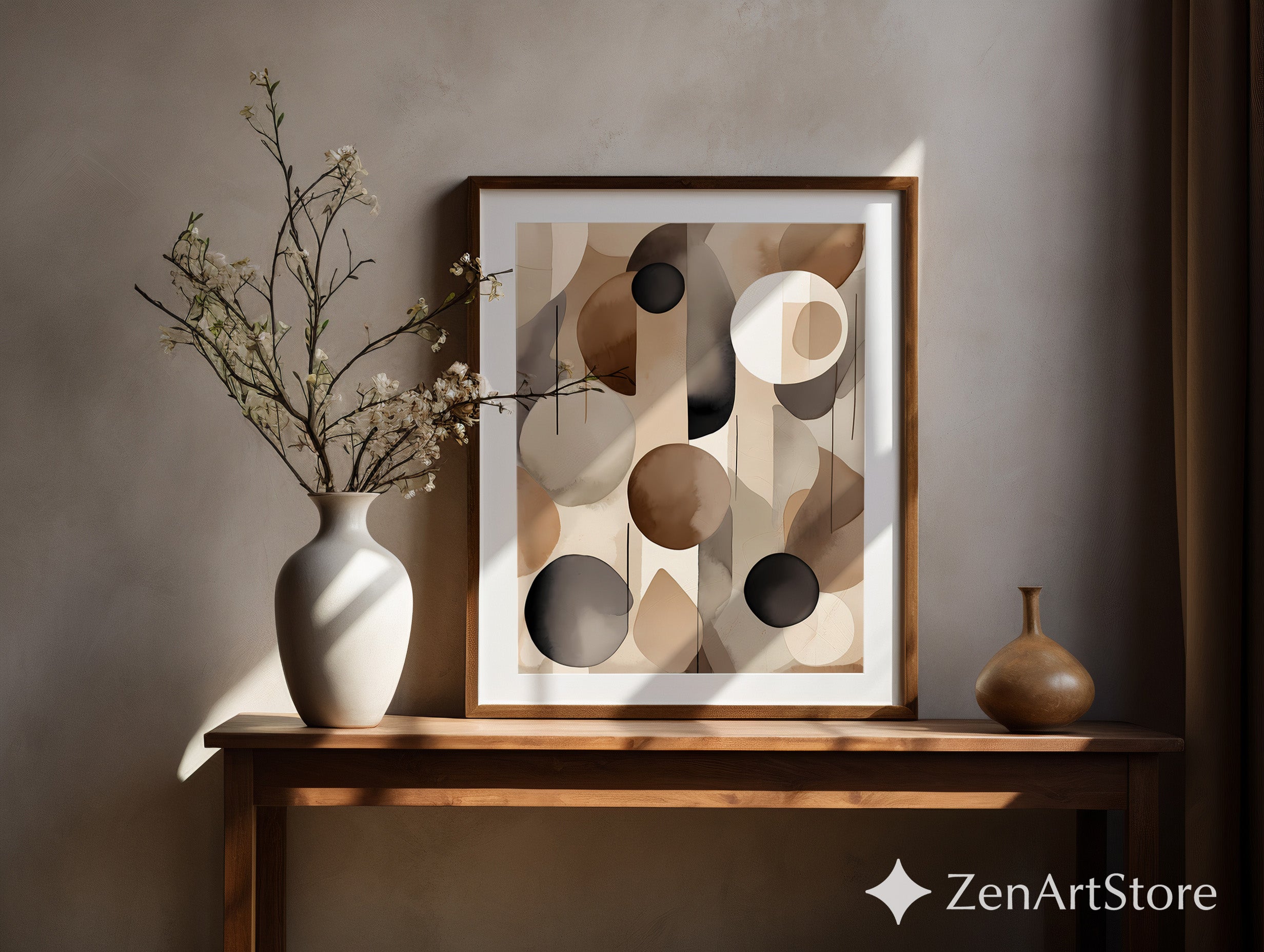 Neutral Abstract Wall Art Print - Brown Beige Black Minimal Geometric Watercolor for Japandi Scandinavian Home Decor