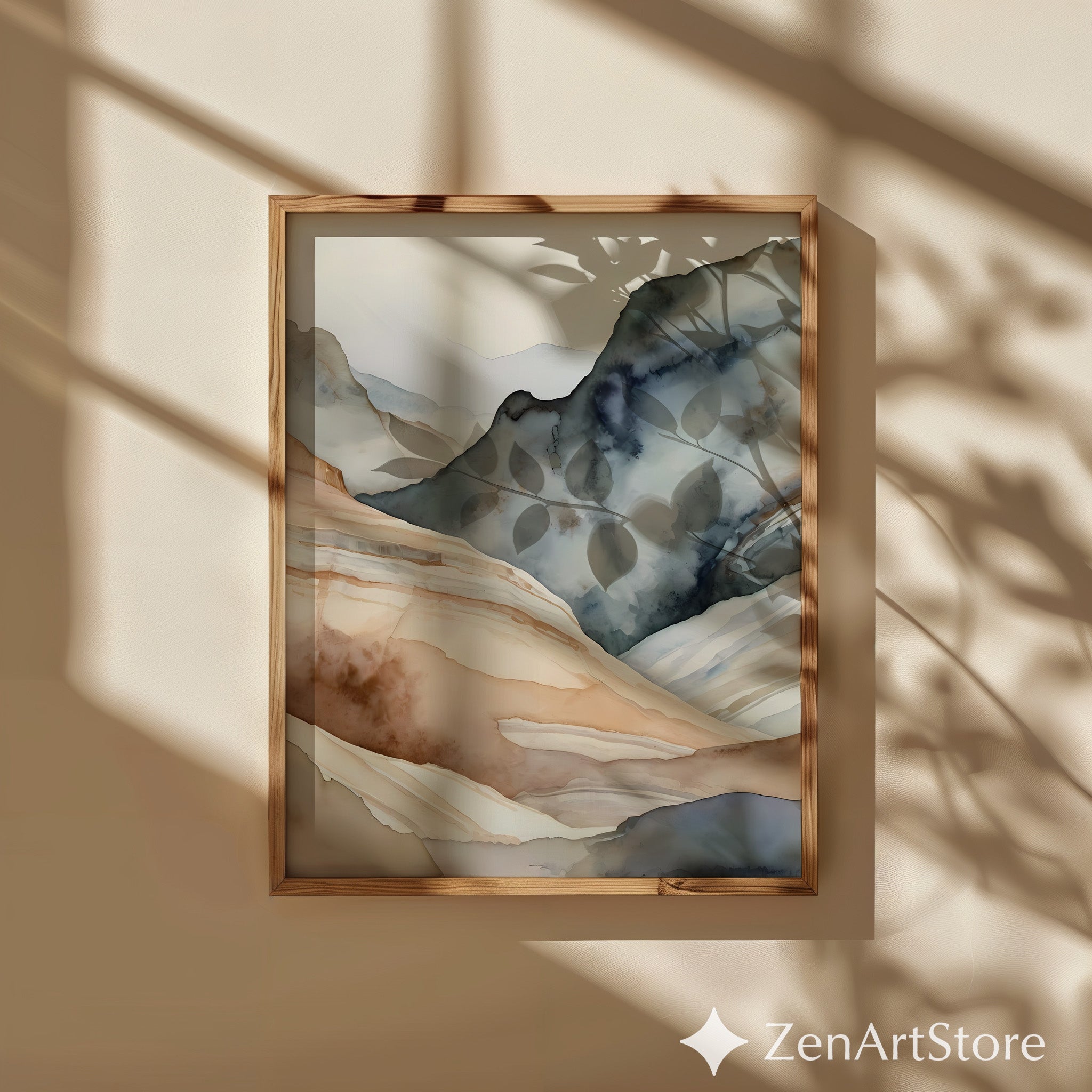 Abstract Neutral Mountain Wall Art - Japandi Watercolor Landscape Print, Minimal Beige & Blue Modern Home Decor