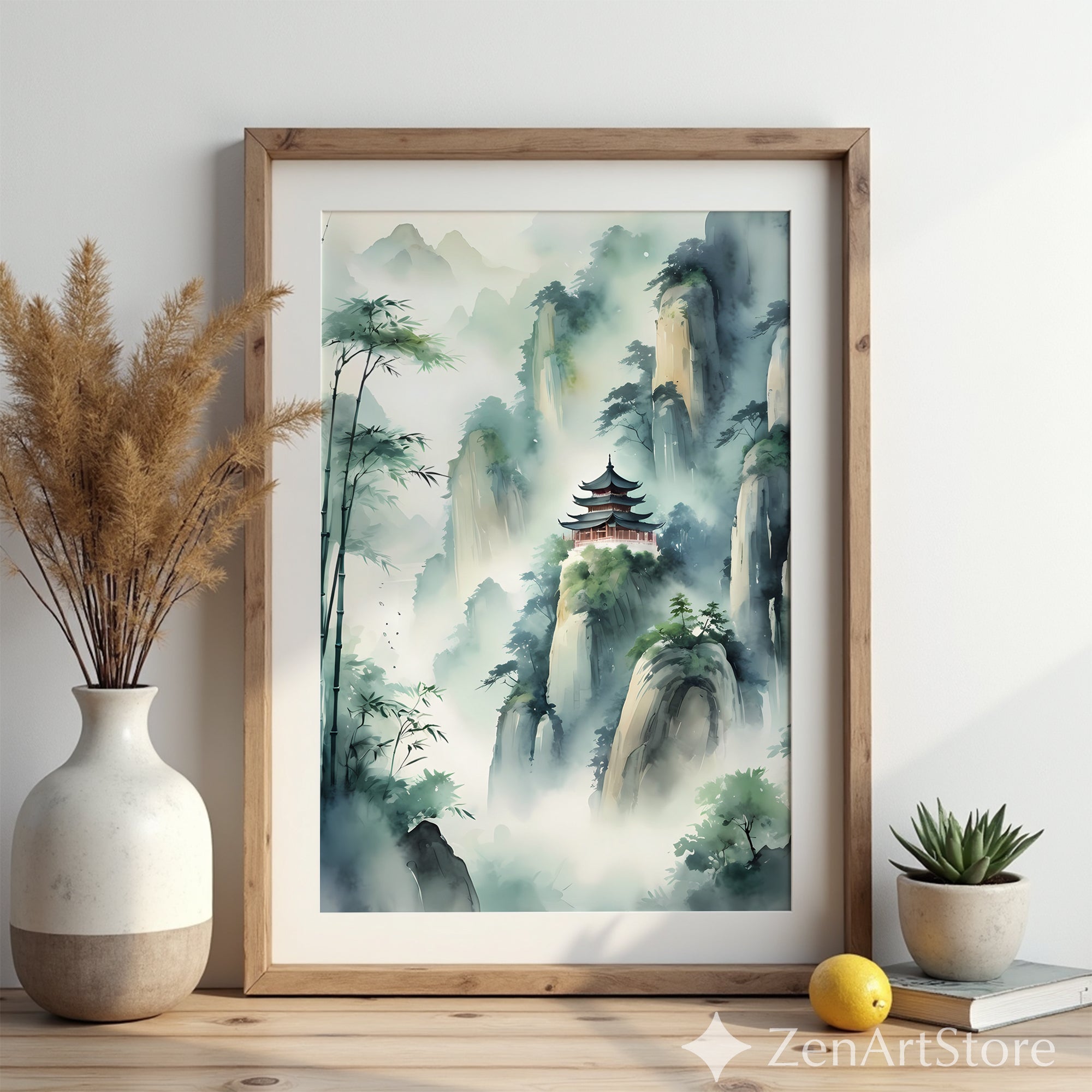 Misty Mountain Pagoda Art Print - Zen Chinese Landscape Watercolor, Bamboo Wall Art for Living Room, Japandi Minimalist Decor