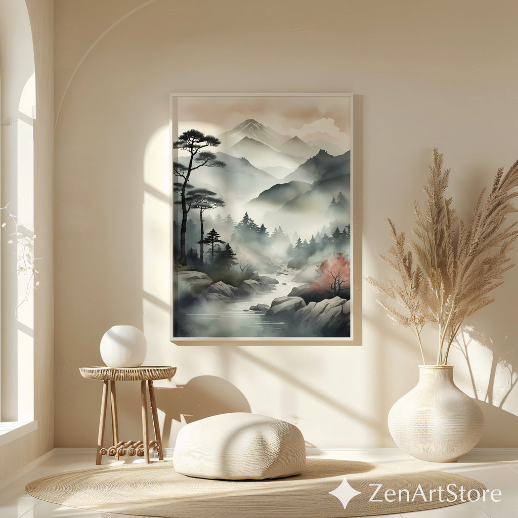 Zen Japanese Mountain Mist Printable Wall Art - Minimal Sumi-e Landscape for Calm Home