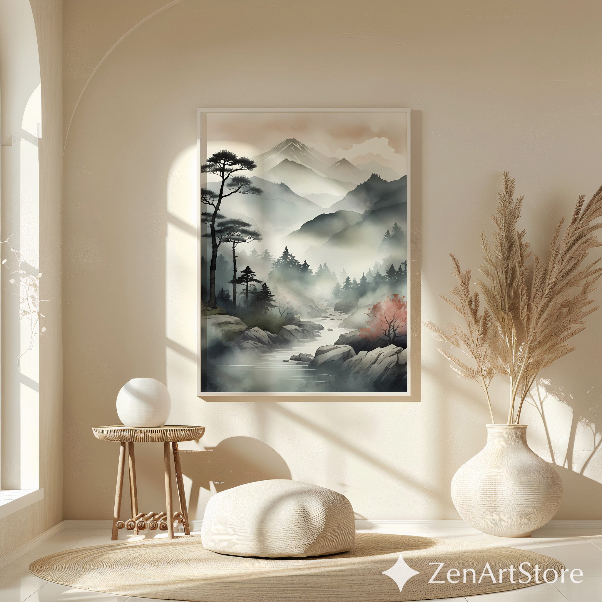 Zen Japanese Mountain Mist Printable Wall Art - Minimal Sumi-e Landscape for Calm Home