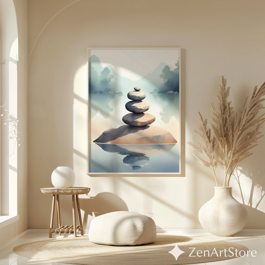 Zen Stacked Stones Lake Art Print - Minimal Japandi Wall Decor, Calm Neutral Landscape for Home & Spa