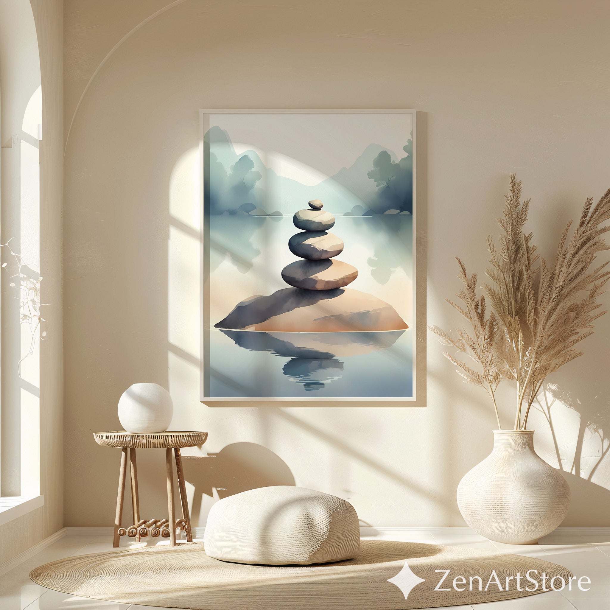 Zen Stacked Stones Lake Art Print - Minimal Japandi Wall Decor, Calm Neutral Landscape for Home & Spa