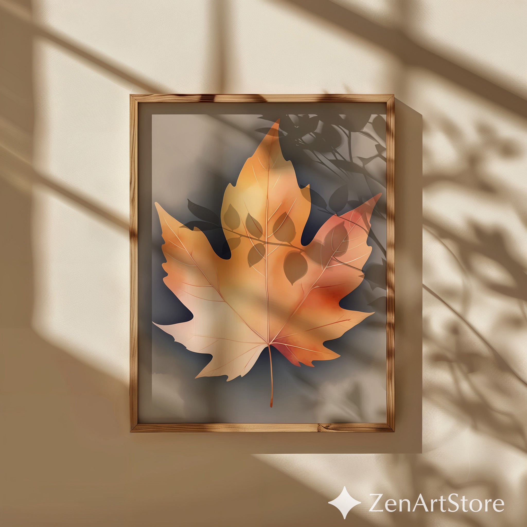 Neutral Autumn Leaf Wall Art - Minimal Maple Leaf Print, Japandi Wabi-Sabi Fall Home Decor, Beige Botanical Wall Art