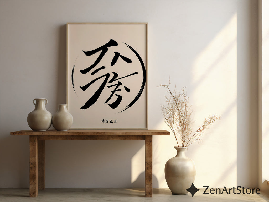 Minimalist Asian Calligraphy Wall Art - Zen Black Brush Stroke on Soft Beige - Japandi Wabi Sabi Modern Poster