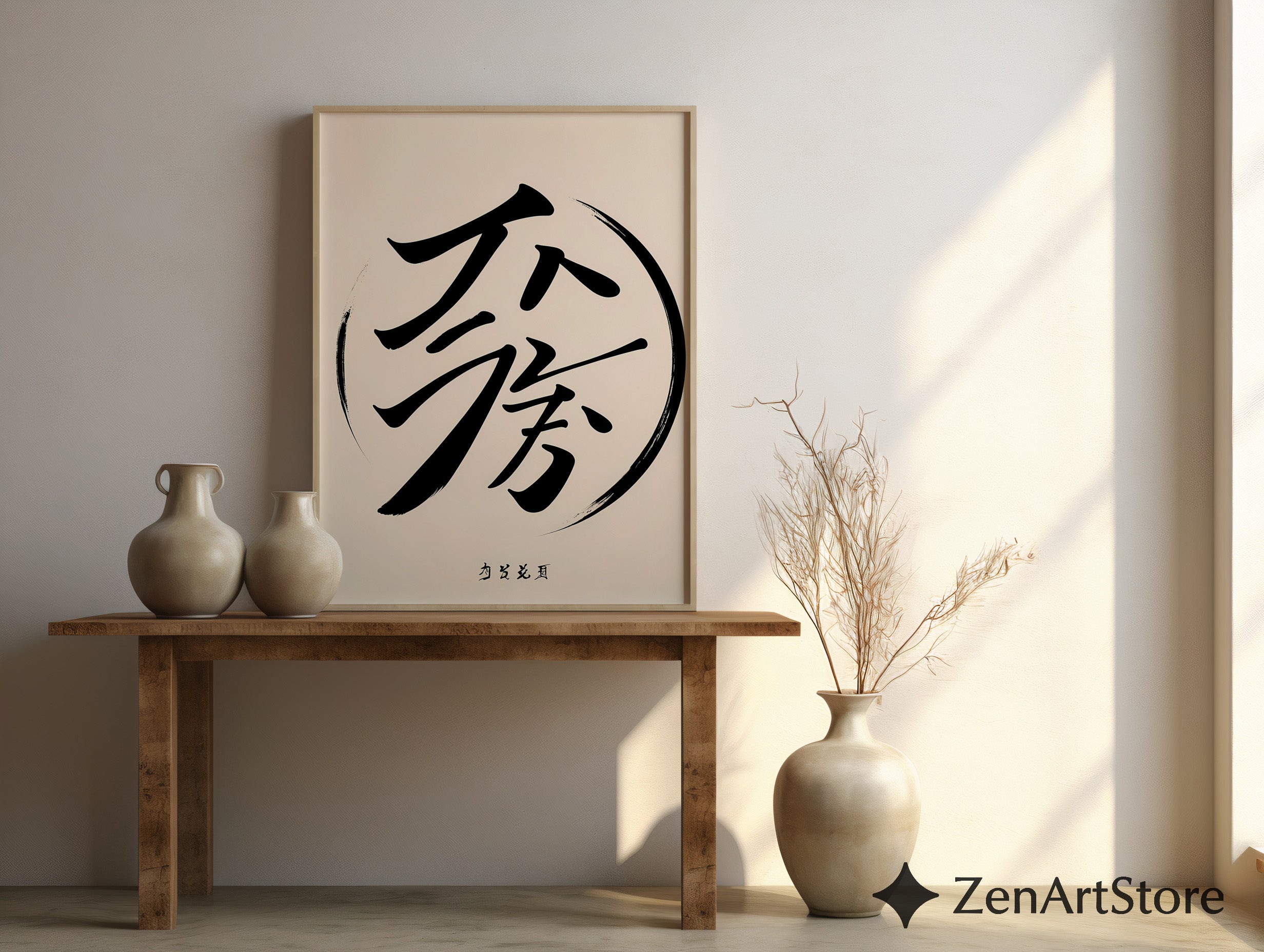 Minimalist Asian Calligraphy Wall Art - Zen Black Brush Stroke on Soft Beige - Japandi Wabi Sabi Modern Poster