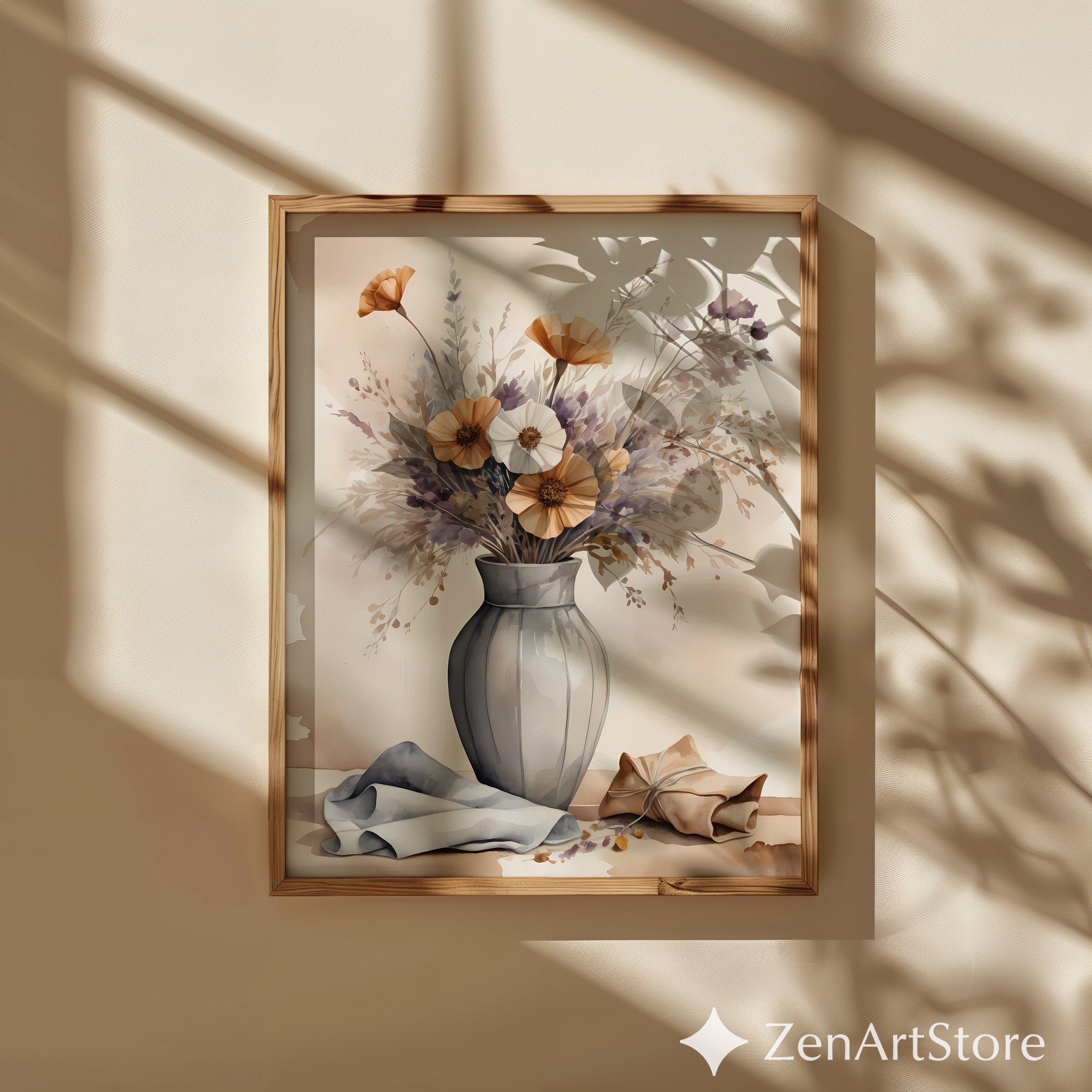 Neutral Floral Wall Art Print - Beige Botanical Watercolor Vase, Japandi Minimal Home Decor, Modern Scandinavian Still Life