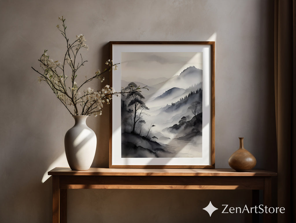 Misty Mountain Sumi-e Print - Minimal Zen Landscape Wall Art, Japandi Monochrome Canvas or Digital Download