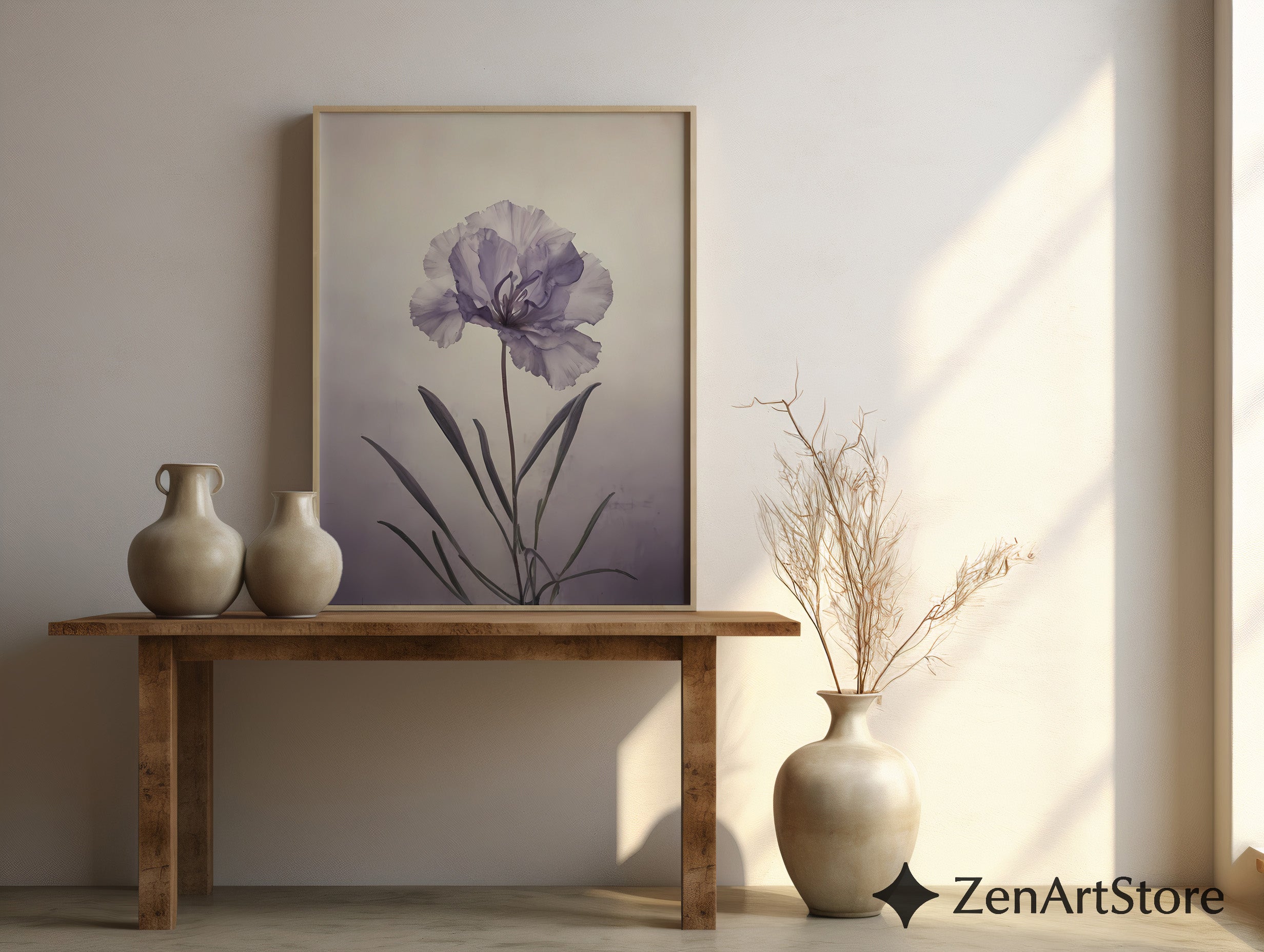Lavender Single Bloom Botanical Print - Minimal Flower Wall Art for Living Room, Bedroom, Japandi & Scandinavian Home Decor