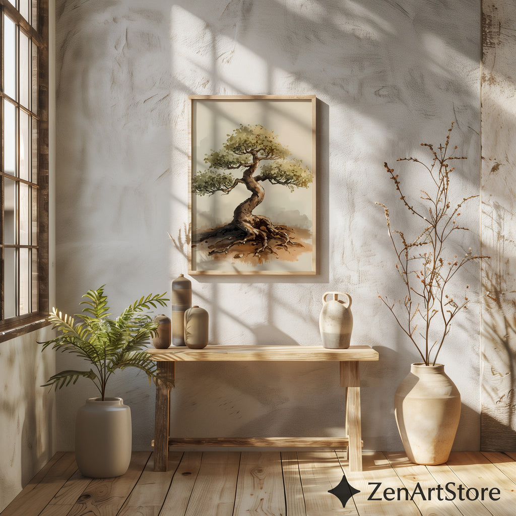 Bonsai Tree Art Print - Minimal Zen Wall Decor, Neutral Wabi Sabi Botanical Illustration for Japandi & Scandinavian Homes