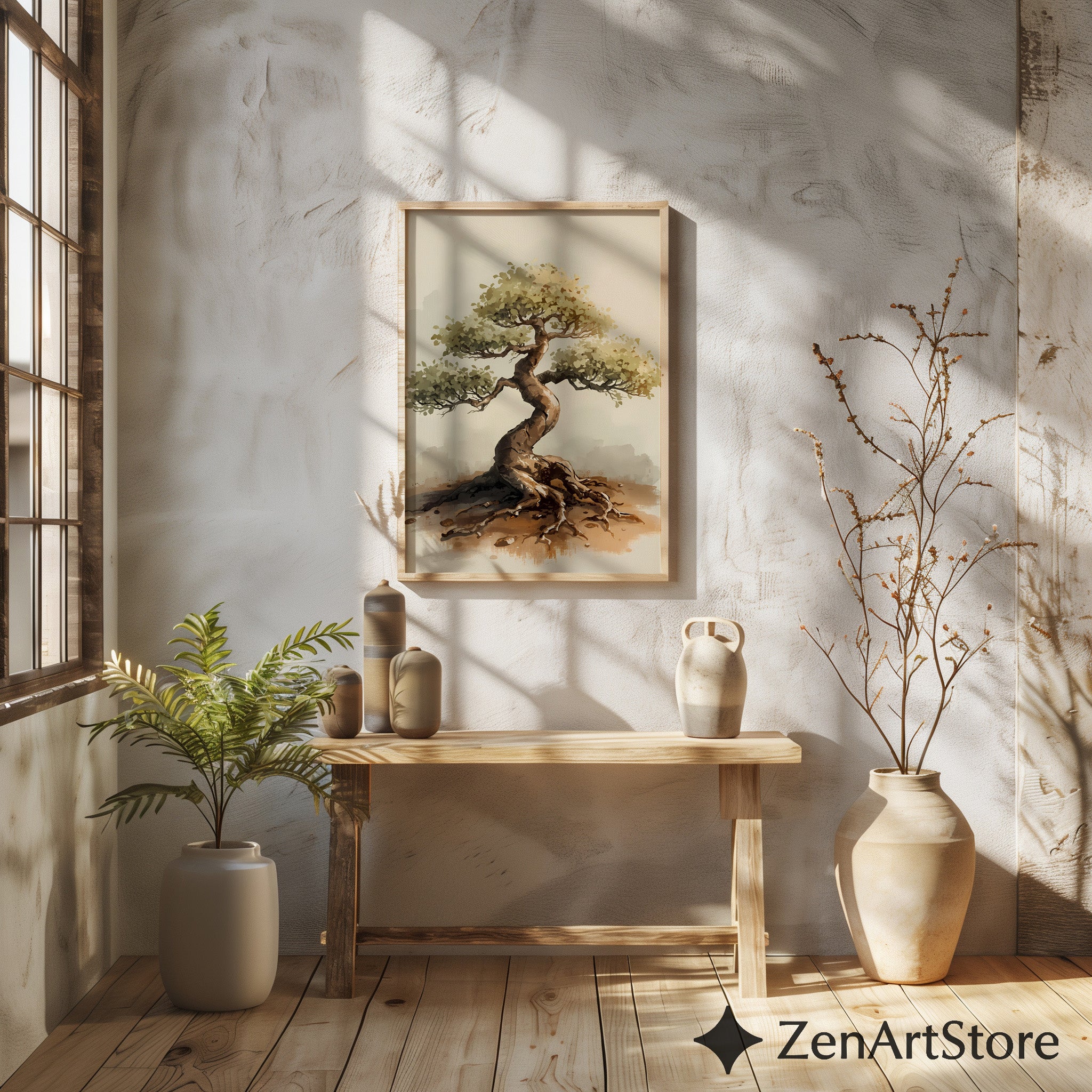 Bonsai Tree Art Print - Minimal Zen Wall Decor, Neutral Wabi Sabi Botanical Illustration for Japandi & Scandinavian Homes