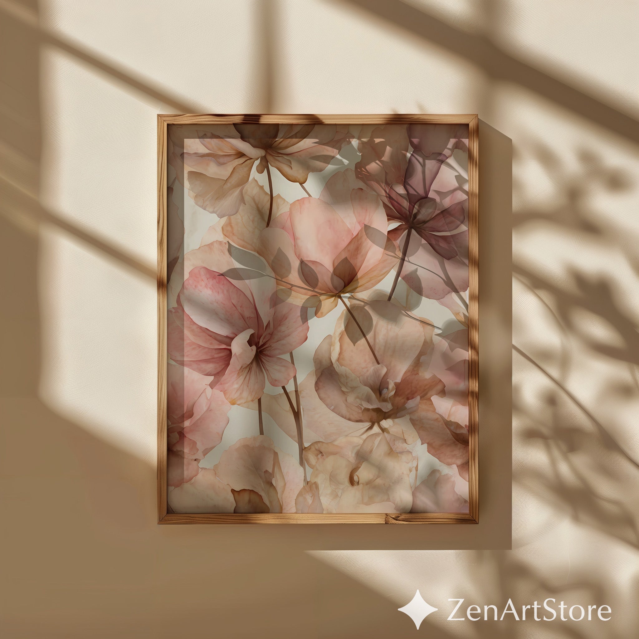 Blush Floral Wall Art Print - Soft Pink Beige Botanical Canvas for Neutral Japandi, Minimal Home Decor