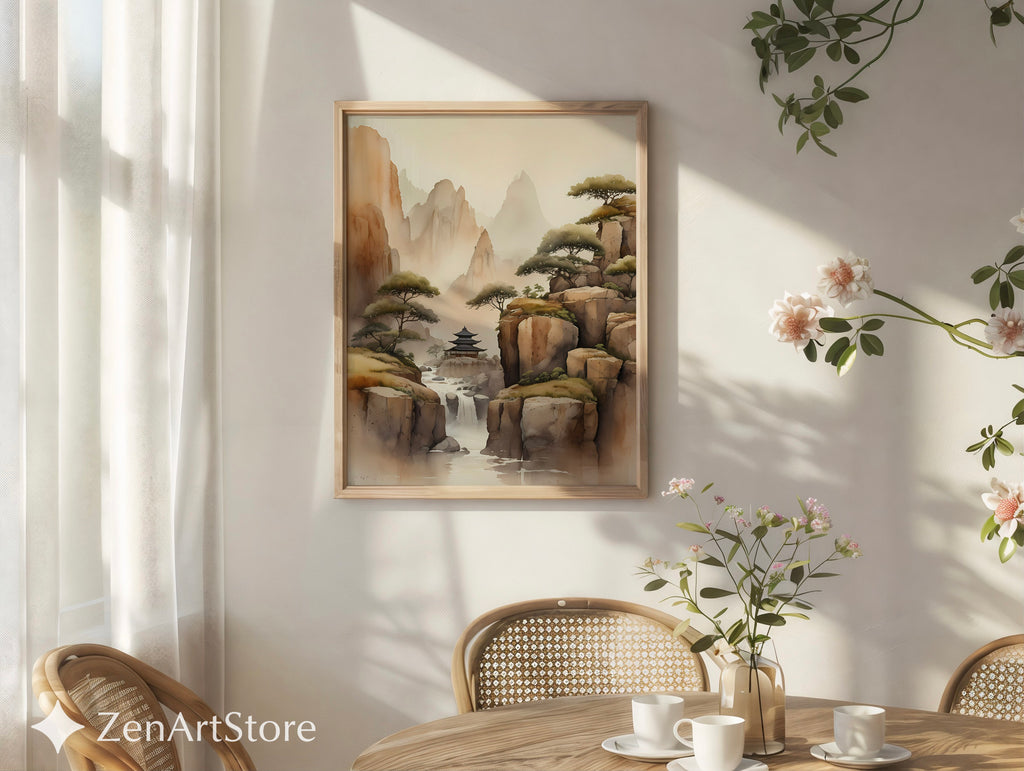 Misty Mountain Pagoda Art Print - Zen Japandi Landscape Wall Art, Neutral Beige Brown Waterfall Poster for Living Room