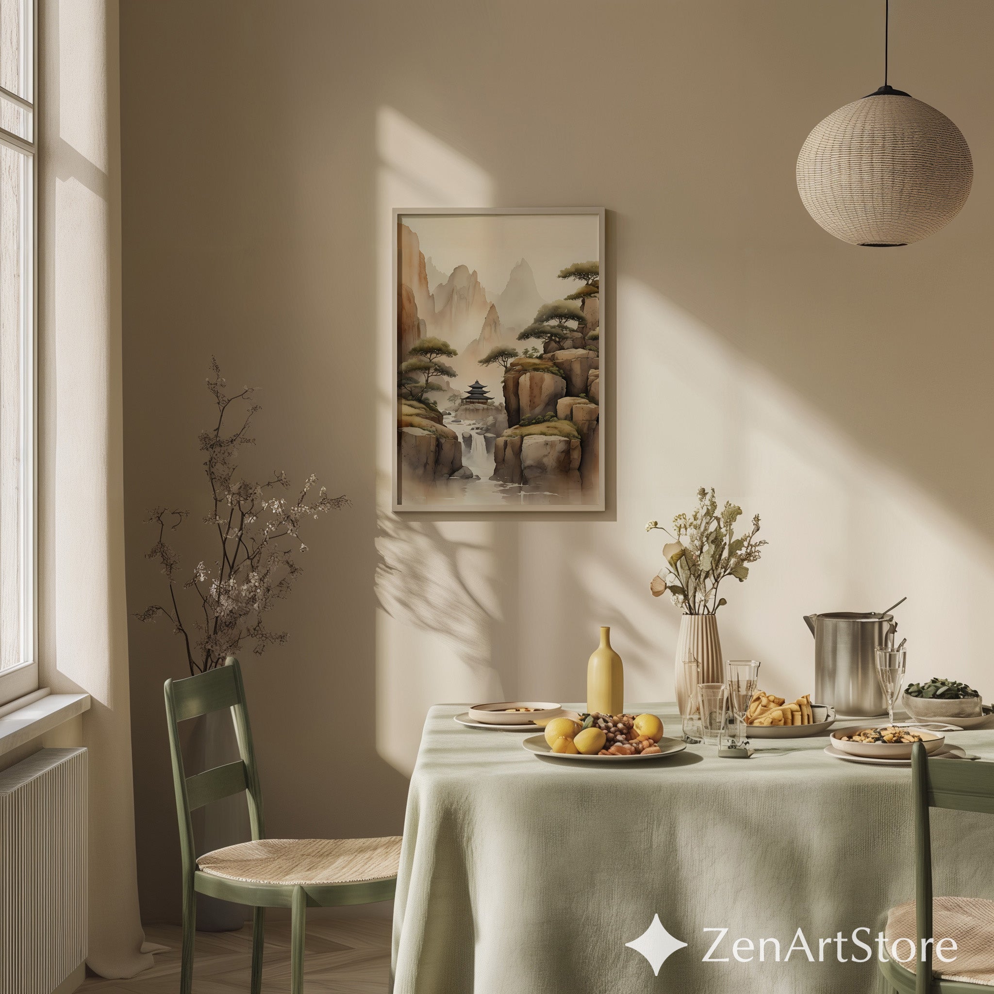 Misty Mountain Pagoda Art Print - Zen Japandi Landscape Wall Art, Neutral Beige Brown Waterfall Poster for Living Room