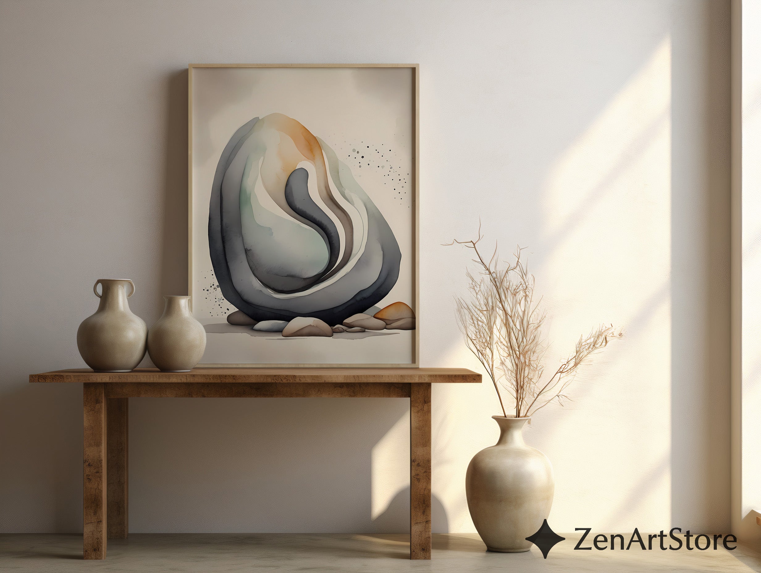 Abstract Neutral Stone Layers Wall Art - Minimal Japandi Wabi Sabi Print, Beige Black Earth Tone Home Decor