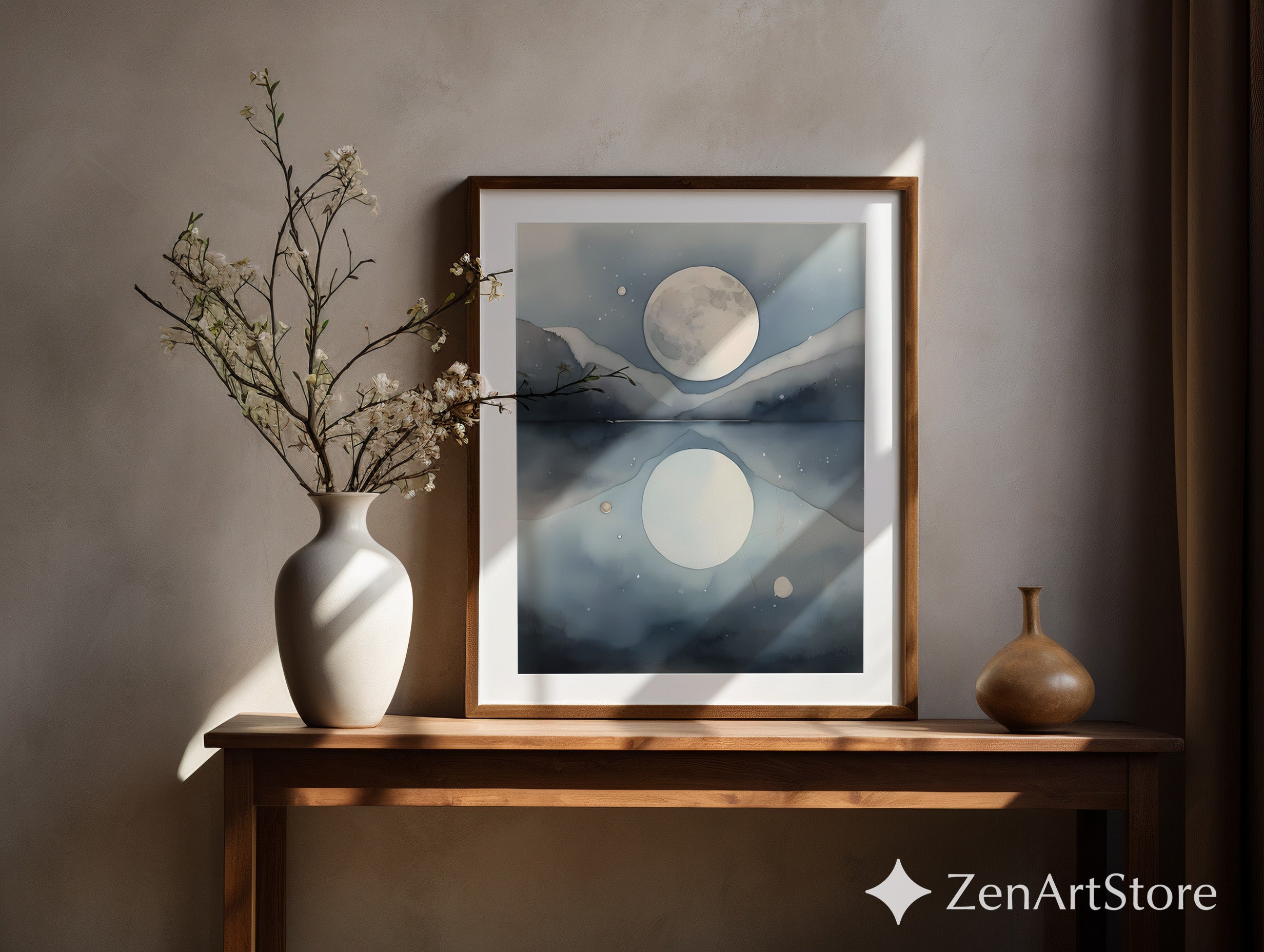 Moon Reflection Art Print - Minimal Blue Grey Landscape Wall Art for Living Room, Japandi & Scandinavian Home Decor