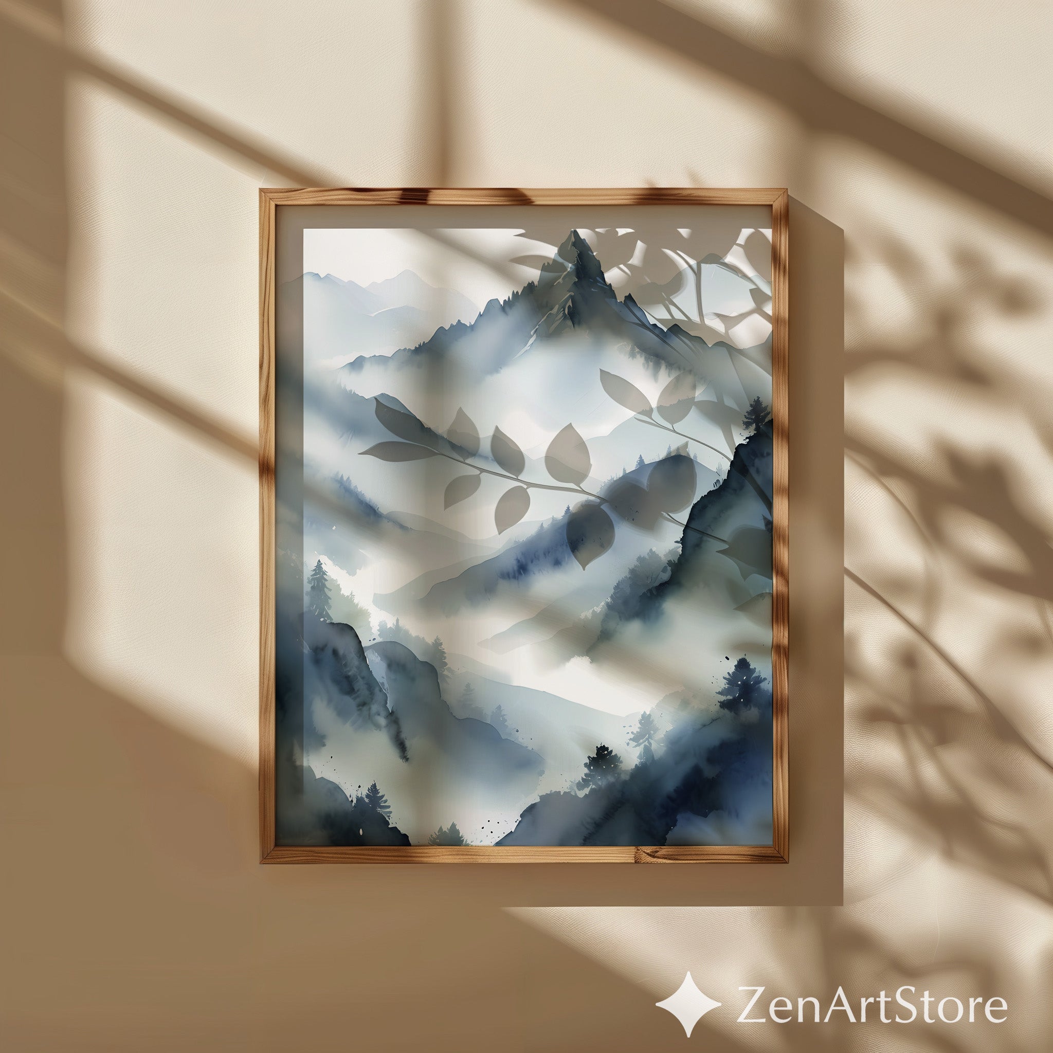 Misty Mountain Watercolor Print - Zen Japandi Minimal Landscape Wall Art, Neutral Blue Gray Home Decor