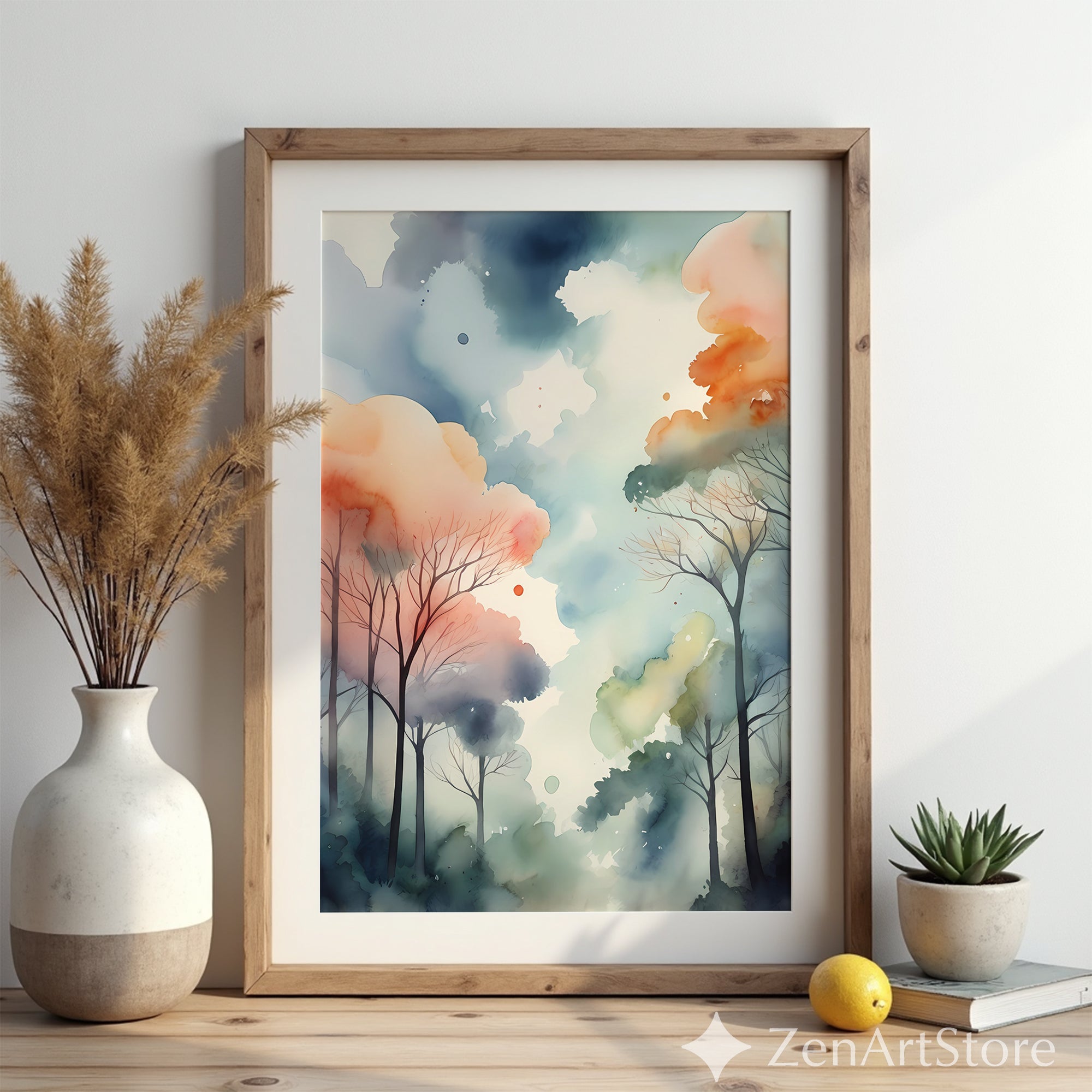 Misty Watercolor Forest Print — Pastel Abstract Trees Wall Art for Living Room, Bedroom, Nursery (Zen Japandi Minimal)