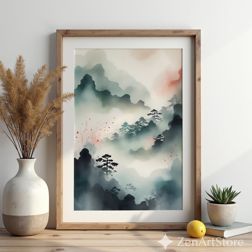 Misty Mountain Zen Landscape Print - Japandi Minimal Ink Wash Wall Art, Neutral Calm Pine Trees