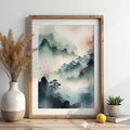 Misty Mountain Zen Landscape Print - Japandi Minimal Ink Wash Wall Art, Neutral Calm Pine Trees