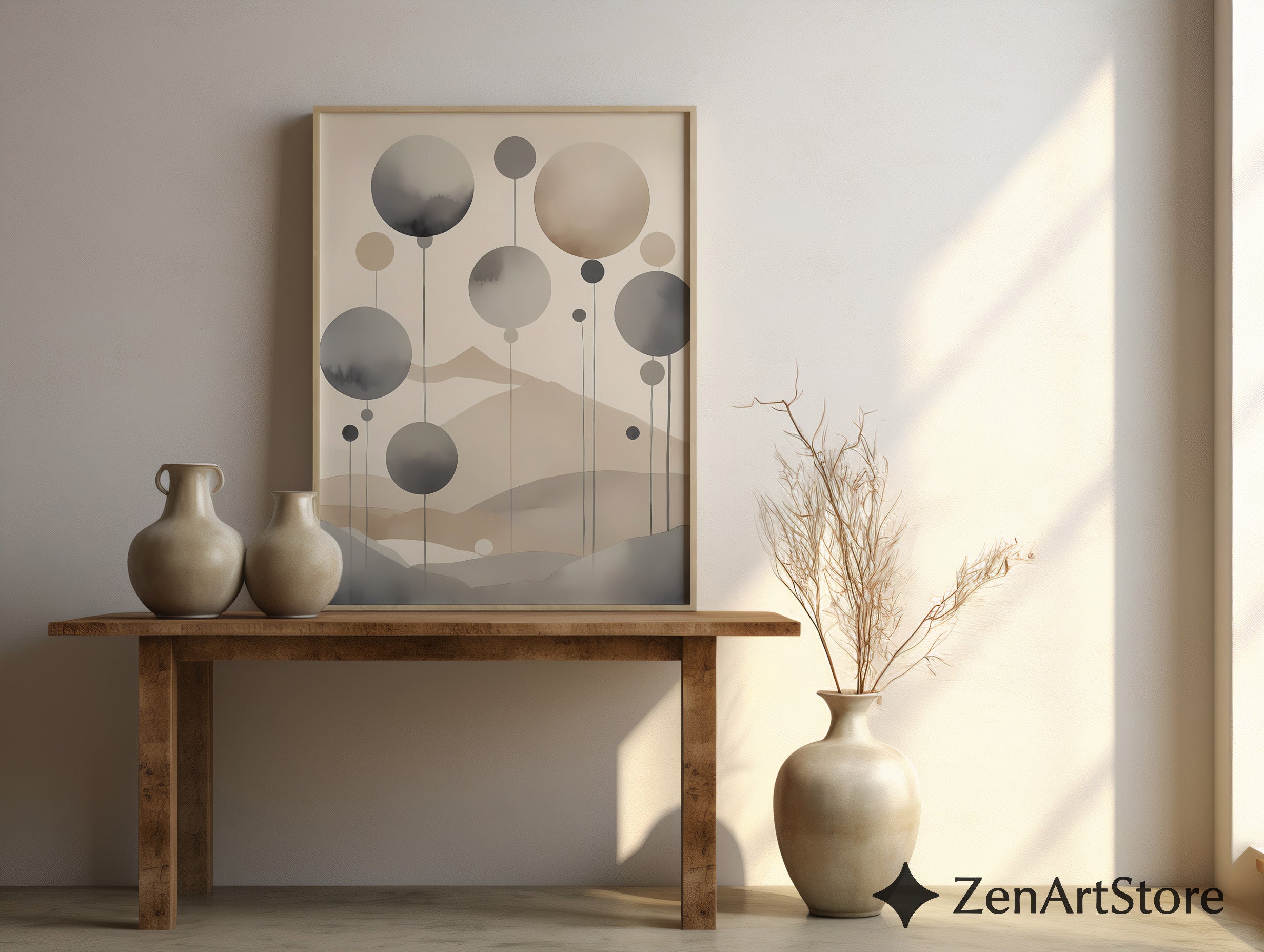 Neutral Abstract Landscape Wall Art - Minimal Japandi Zen Print in Beige & Grey, Modern Scandinavian Home Decor