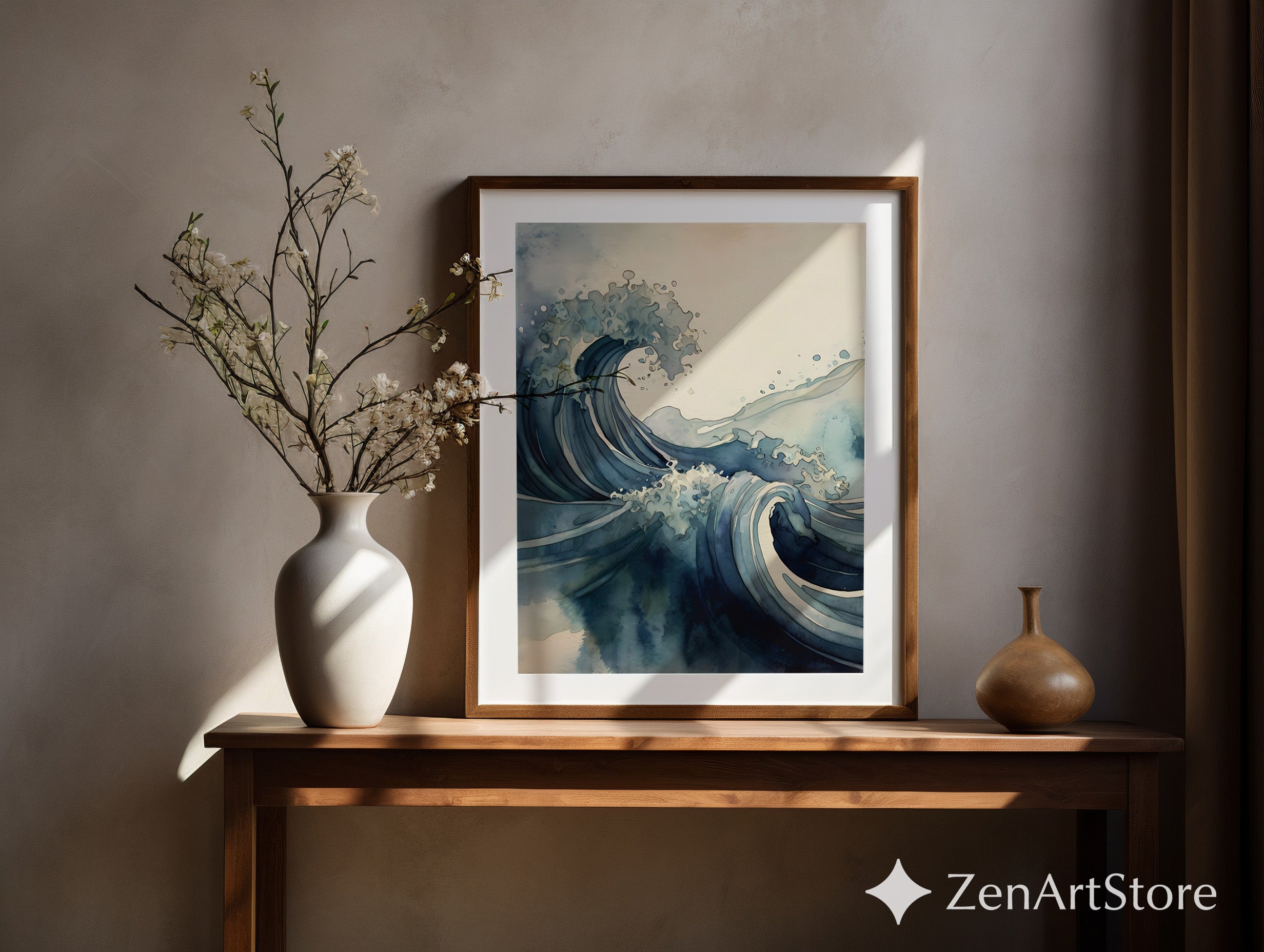 Blue Wave Art Print - Minimal Japanese Wave Abstract, Zen Japandi Coastal Home Decor, Indigo Seascape Wall Art