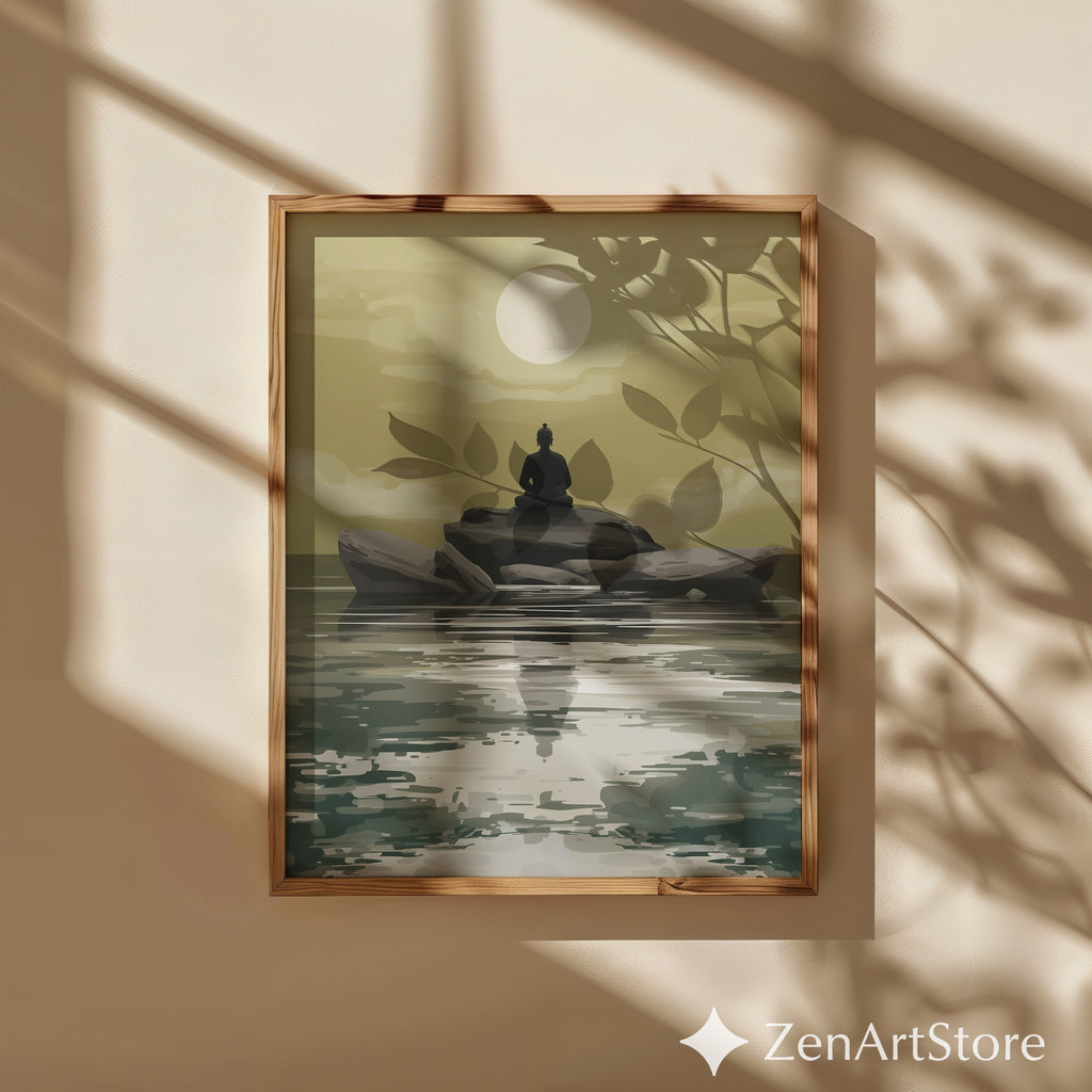 Zen Buddha Minimalist Wall Art - Meditative Landscape Print in Neutral Beige & Green for Japandi, Scandinavian Home Decor