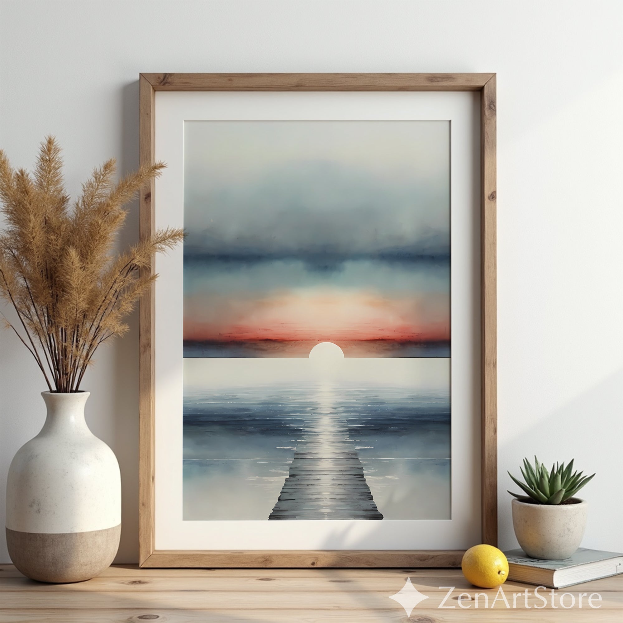 Serene Sunrise Seascape Print - Minimal Coastal Wall Art, Pier Horizon, Modern Japandi Zen Living Room Decor