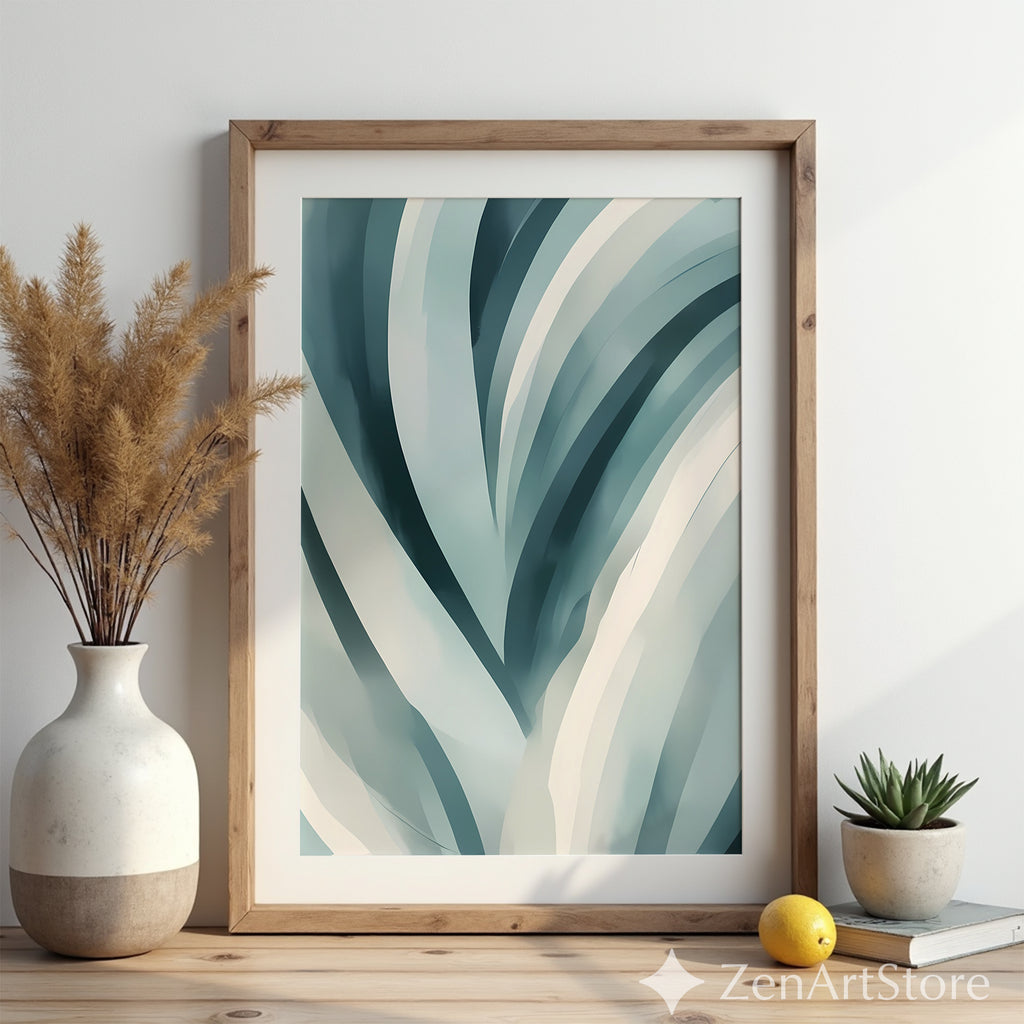 Teal Abstract Botanical Wall Art - Minimal Japandi Blue Green Print for Calm Modern Home Decor