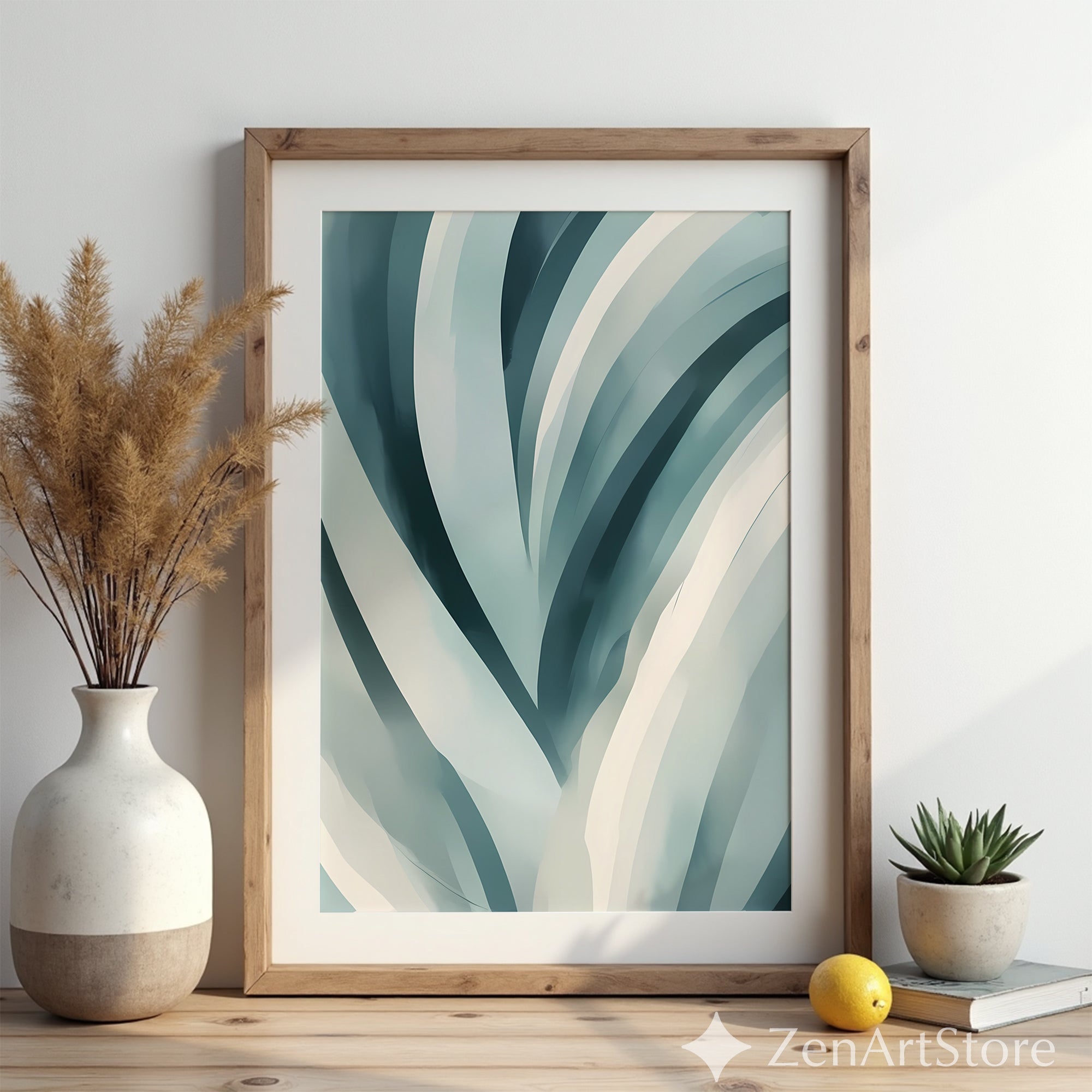 Teal Abstract Botanical Wall Art - Minimal Japandi Blue Green Print for Calm Modern Home Decor