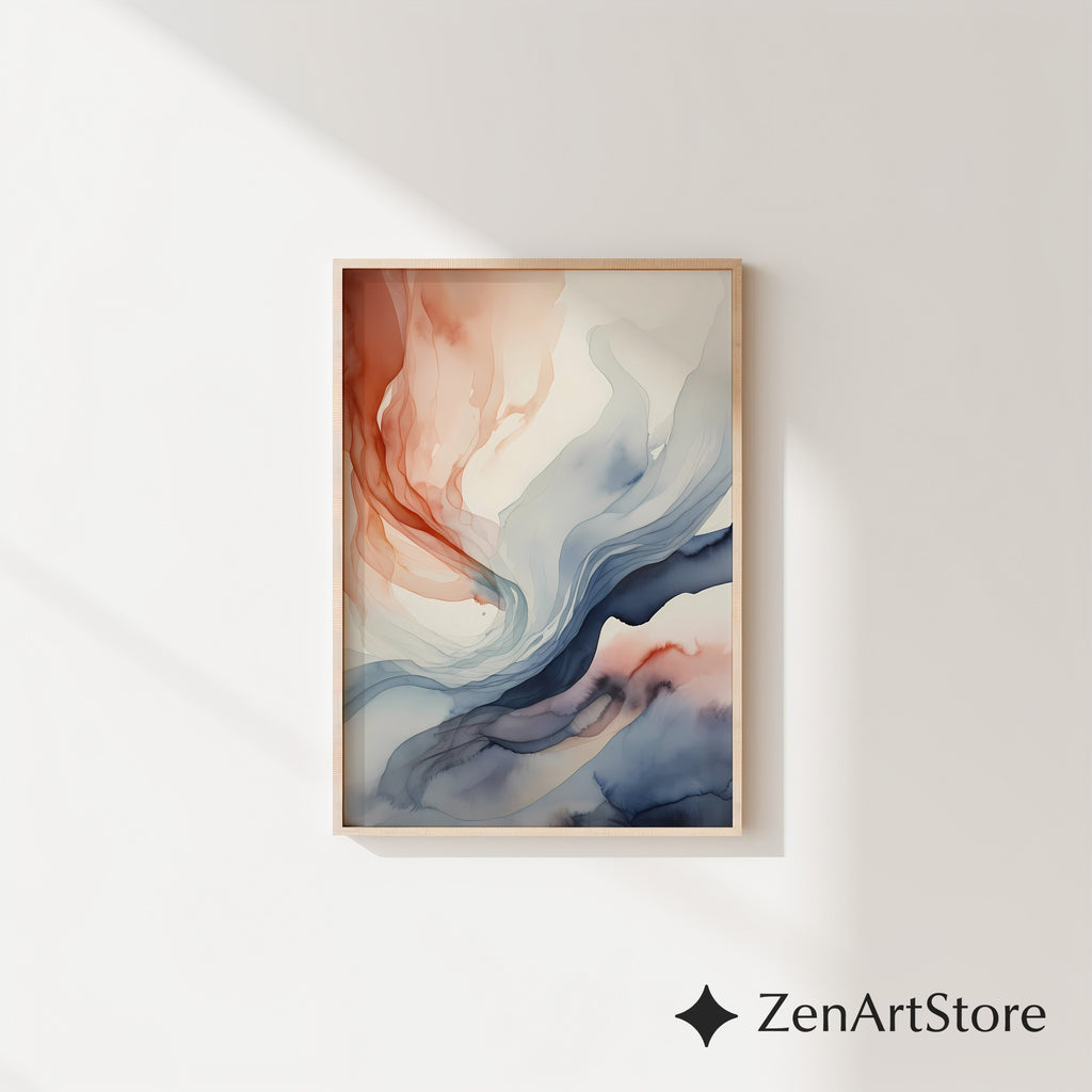 Abstract Fluid Art Print Terracotta and Blue - Minimal Japandi Wall Art, Neutral Modern Home Decor
