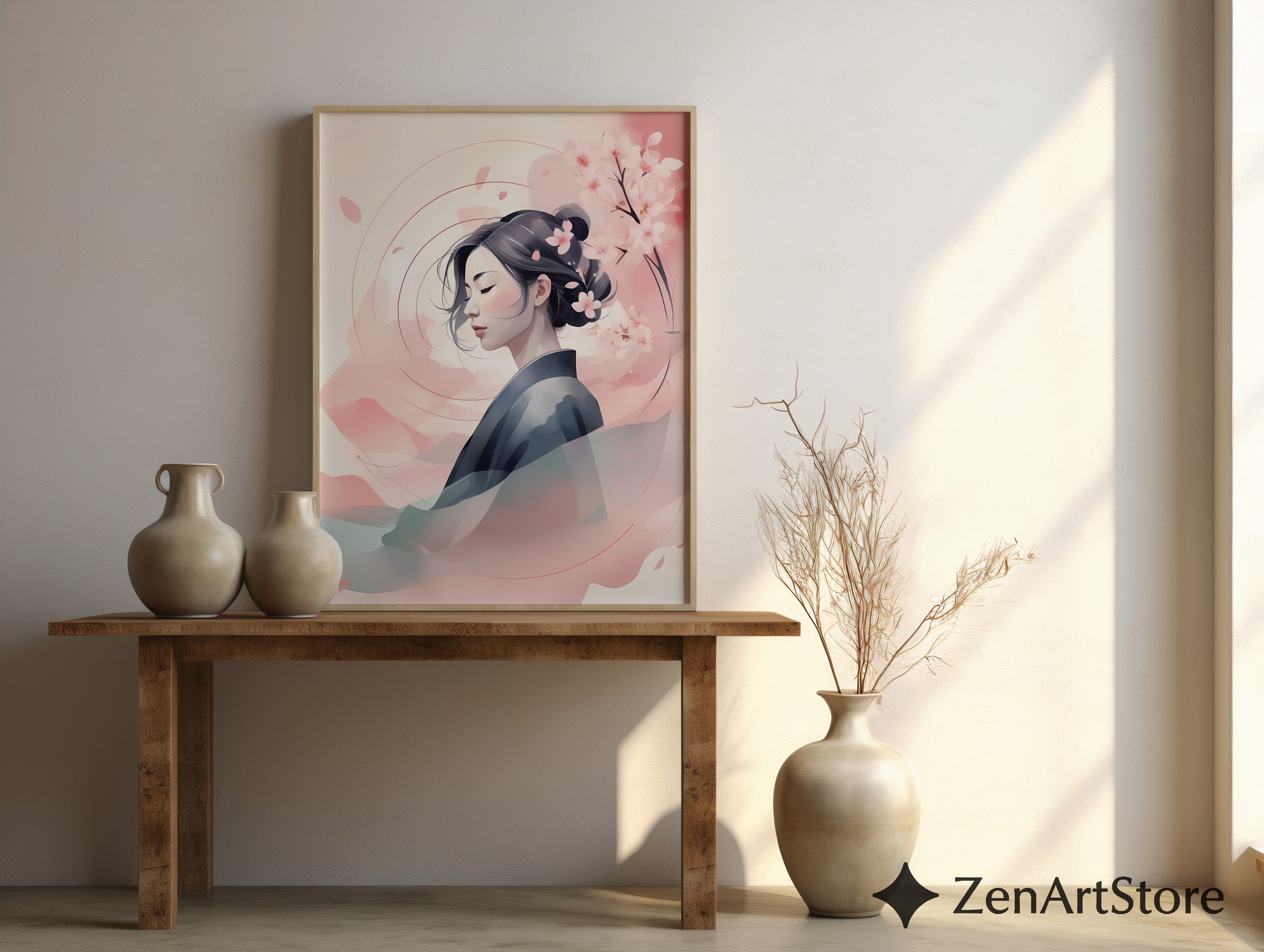Serene Sakura Portrait Print - Japandi Minimal Cherry Blossom Wall Art, Zen Pastel Home Decor