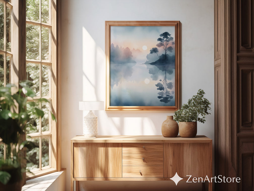 Misty Lake Sunrise Minimal Landscape Print - Calm Japandi Wall Art, Neutral Scandinavian Reflection