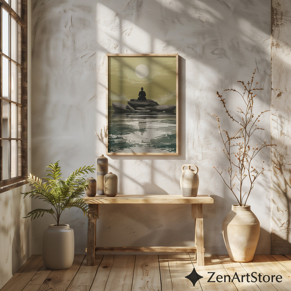 Zen Buddha Minimalist Wall Art - Meditative Landscape Print in Neutral Beige & Green for Japandi, Scandinavian Home Decor