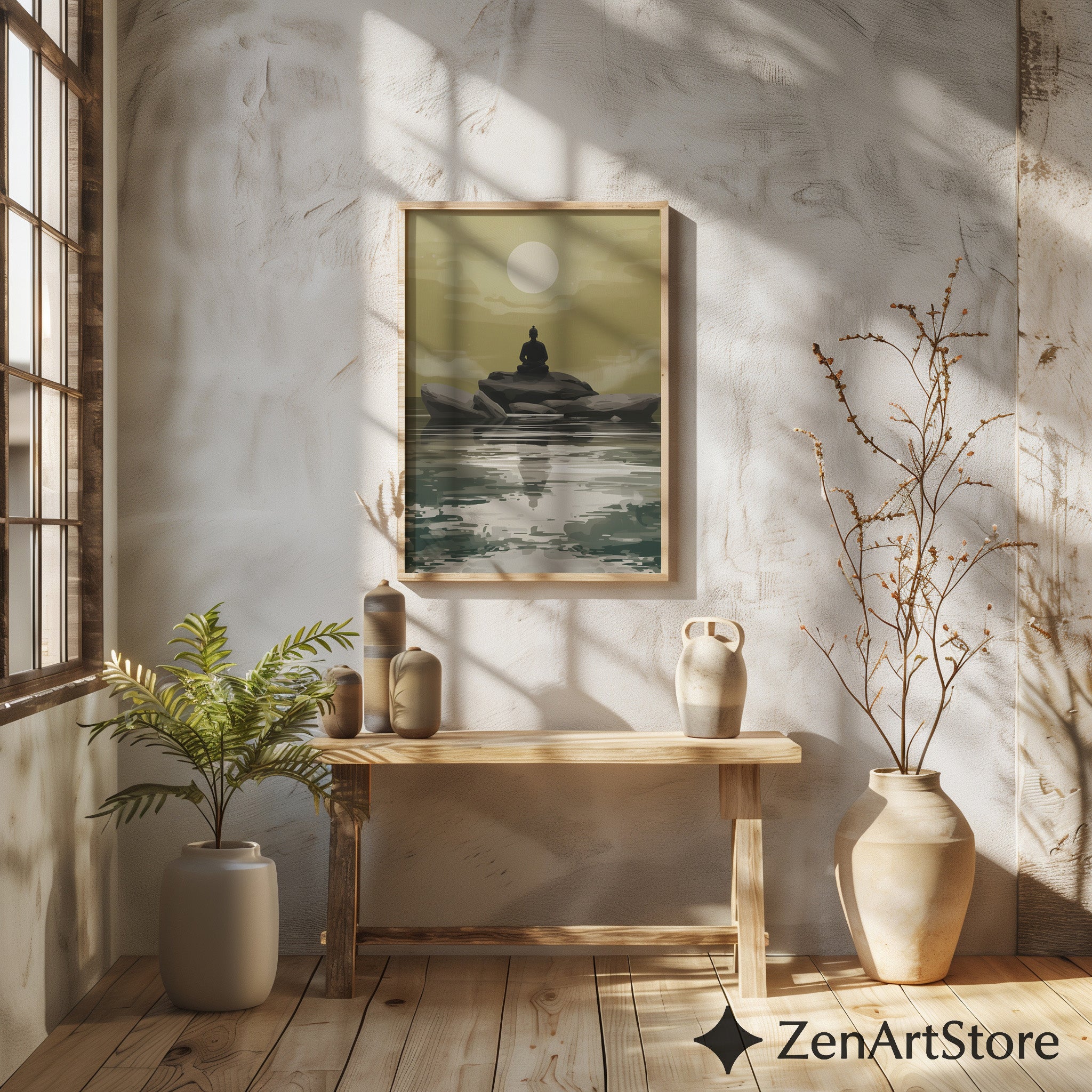 Zen Buddha Minimalist Wall Art - Meditative Landscape Print in Neutral Beige & Green for Japandi, Scandinavian Home Decor