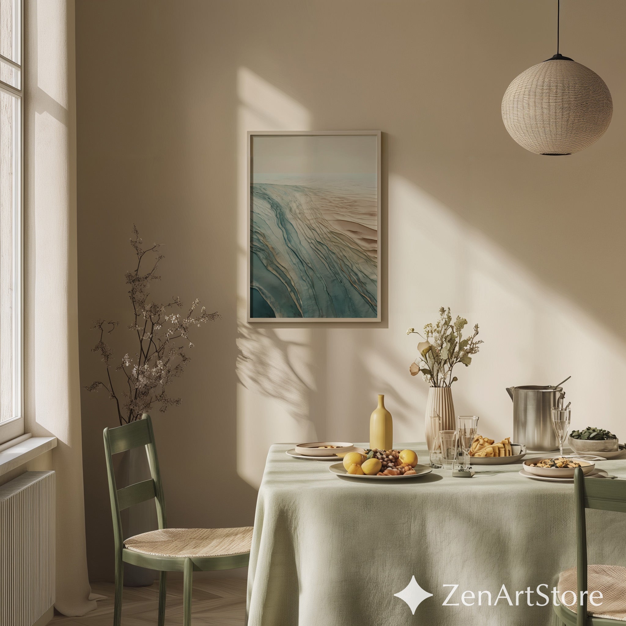 Abstract Coastal Landscape Wall Art - Neutral Blue Beige Minimal Print for Living Room, Japandi Wabi Sabi Decor