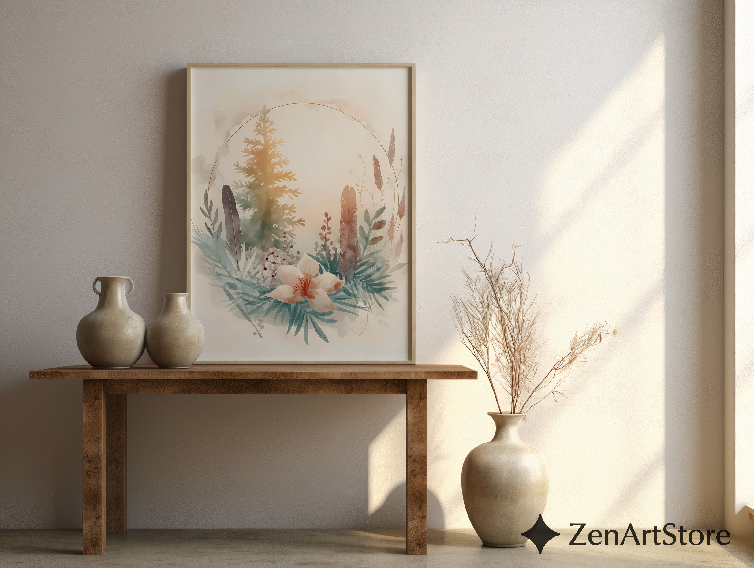 Neutral Botanical Watercolor Print with Gold Halo - Japandi Wabi Sabi Floral Wall Art