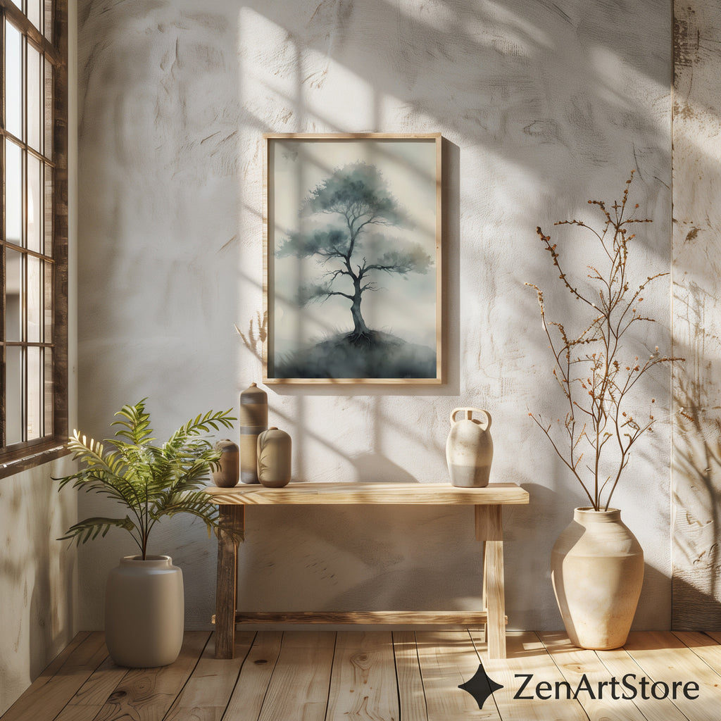 Misty Tree Watercolor Print - Minimal Zen Tree Wall Art, Japandi Neutral Botanical Canvas for Living Room & Bedroom