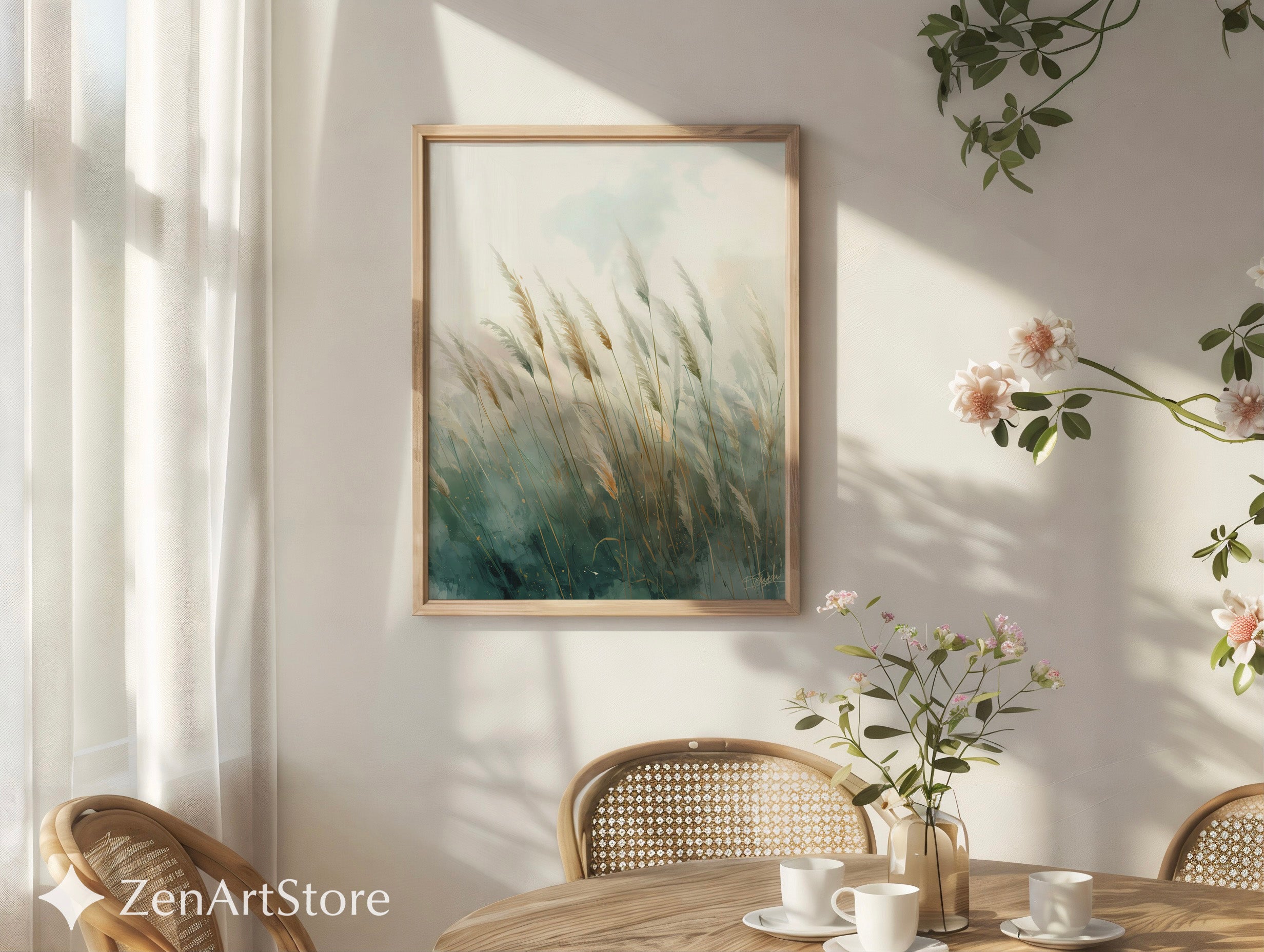 Pampas Grass Wall Art Print – Neutral Botanical Minimalist Canvas, Calm Teal Beige Landscape for Living Room, Bedroom, Japandi Home Decor