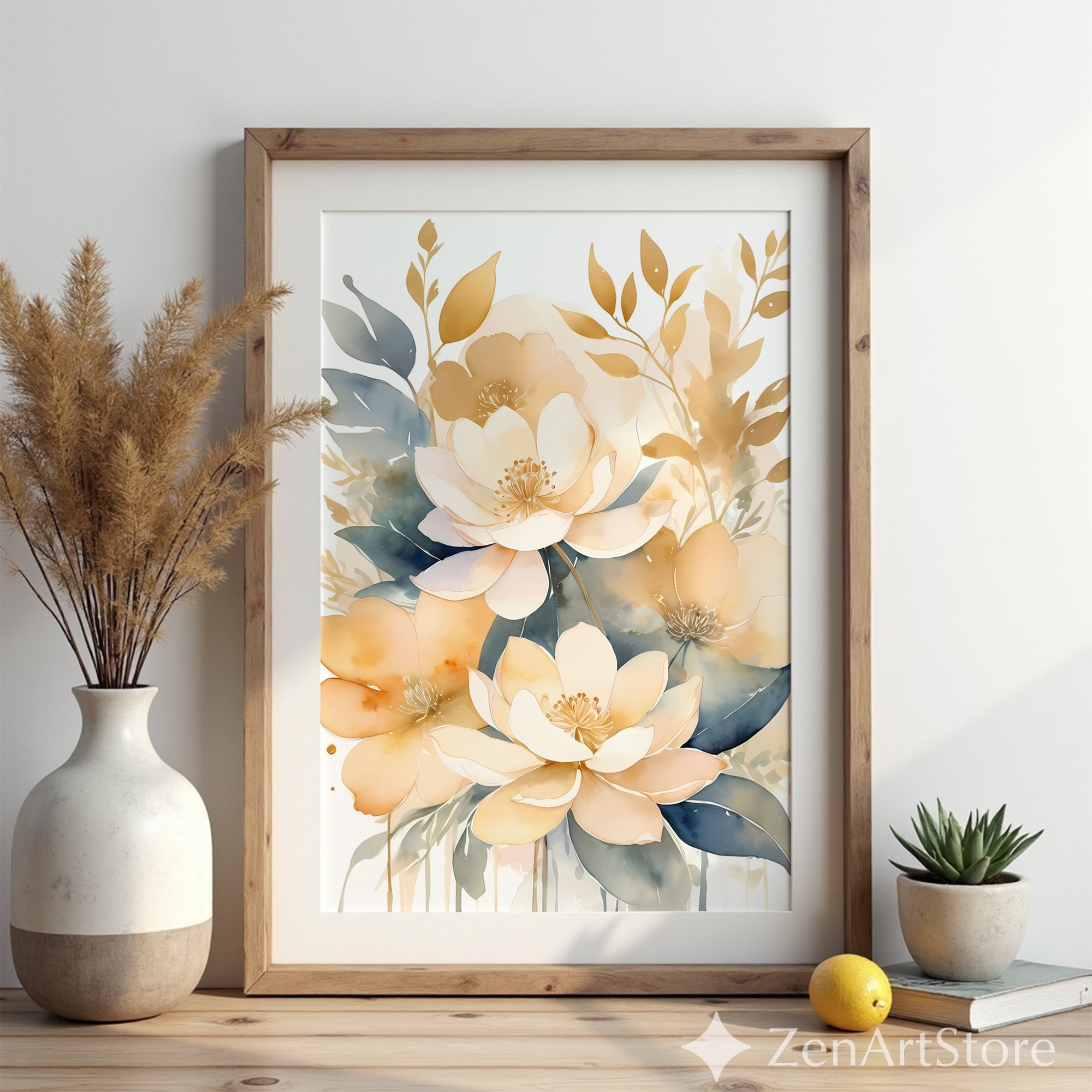 Neutral Watercolor Floral Print - Beige & Blue Botanical Wall Art, Japandi Wabi Sabi Home Decor