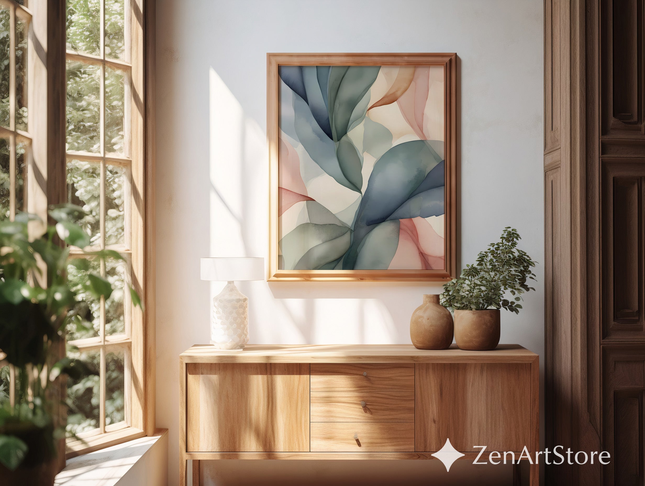 Abstract Botanical Leaf Wall Art - Neutral Japandi Minimalist Pastel Print for Living Room Bedroom Nursery