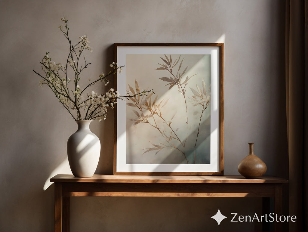 Neutral Botanical Wall Art Print - Japandi Minimalist Plant Painting, Beige Wabi Sabi Home Decor