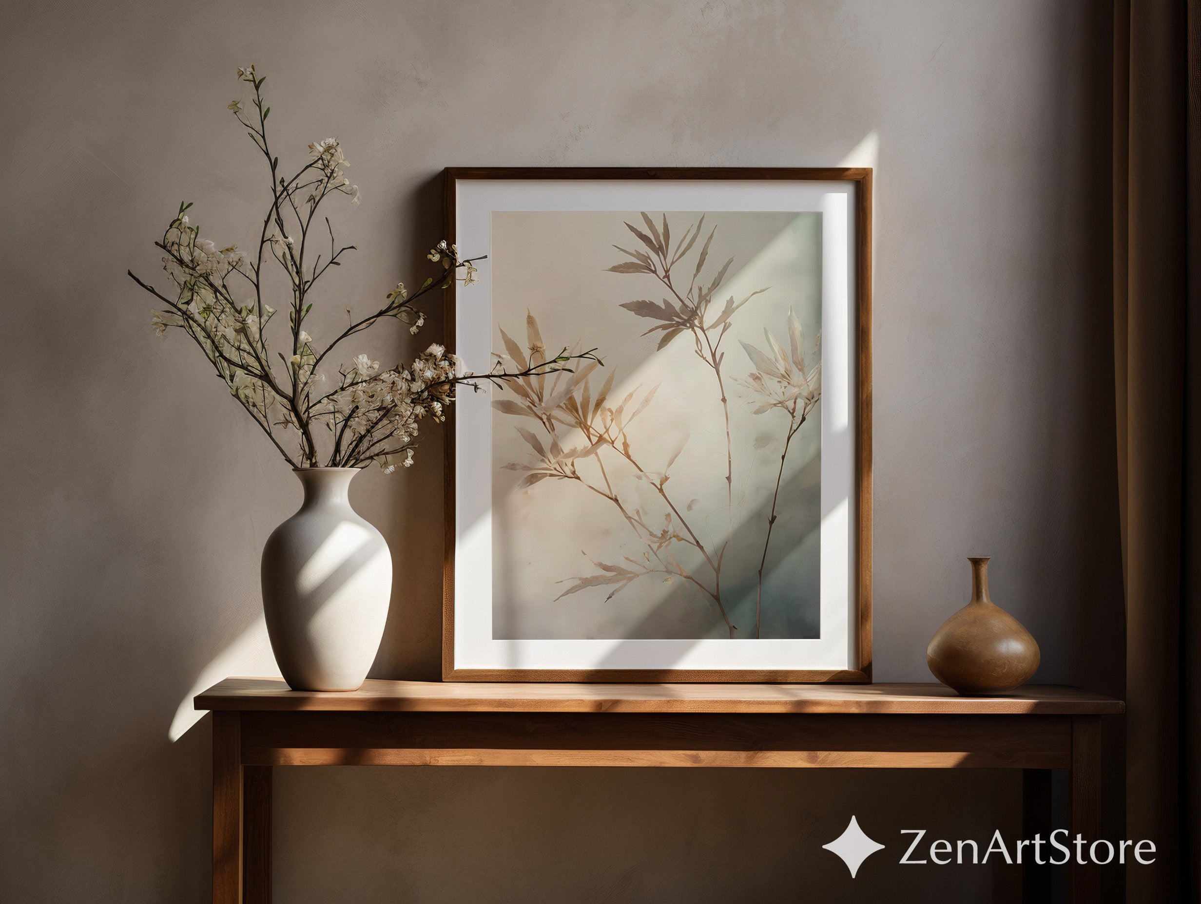 Neutral Botanical Wall Art Print - Japandi Minimalist Plant Painting, Beige Wabi Sabi Home Decor