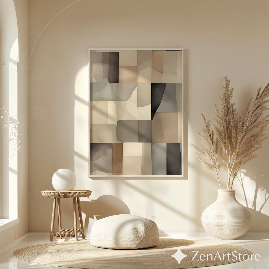 Neutral Abstract Patchwork Wall Art - Minimal Beige Brown Geometric Print for Japandi & Scandinavian Home Decor