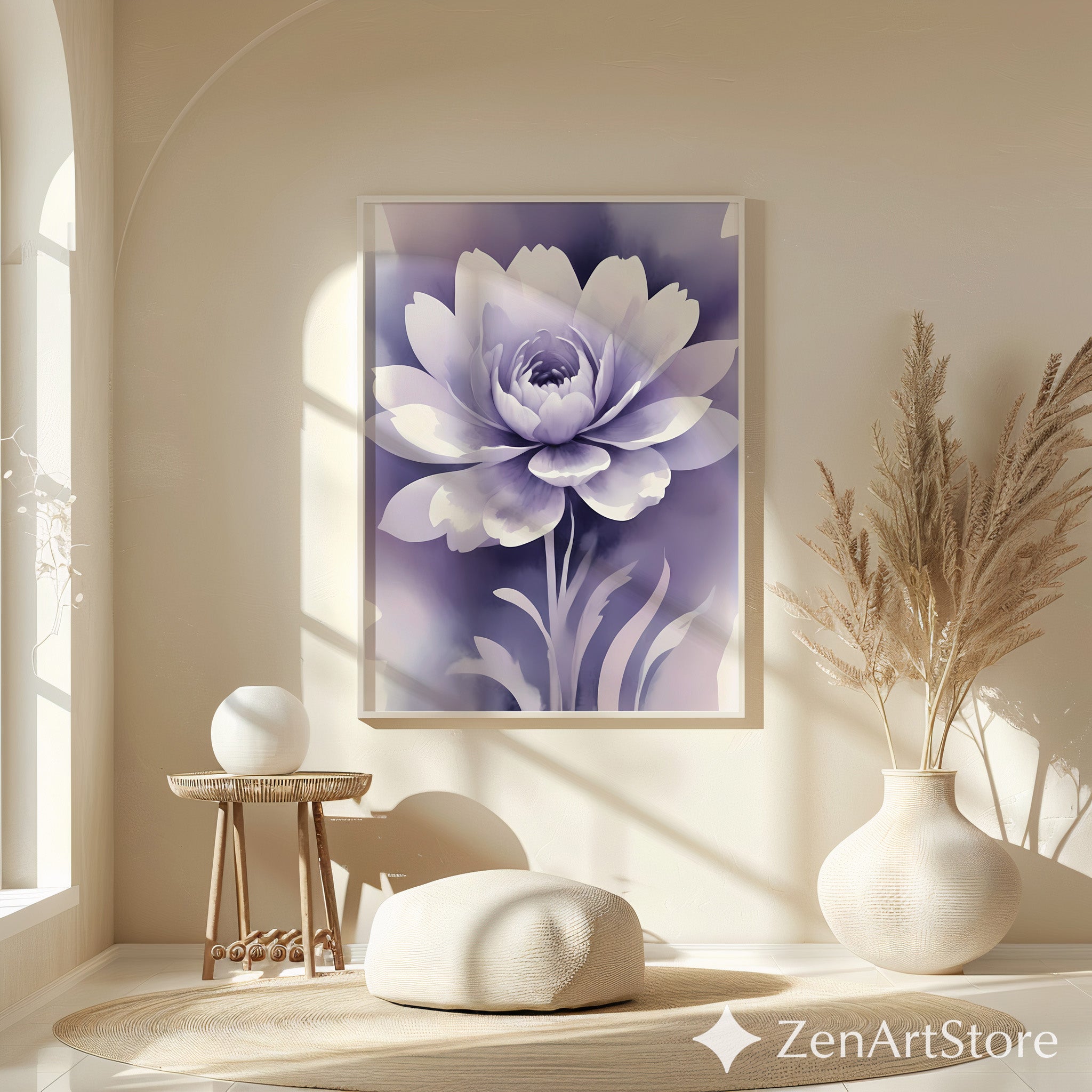 Lavender Floral Wall Art - Calming Purple Peony Print for Bedroom & Living Room - Minimal Zen Botanical Canvas, Japandi Decor