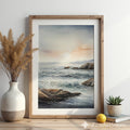 Minimal Coastal Seascape Print - Serene Ocean Waves & Rocky Shore | Neutral Beige Blue Japandi Wall Art for Calm Home Decor