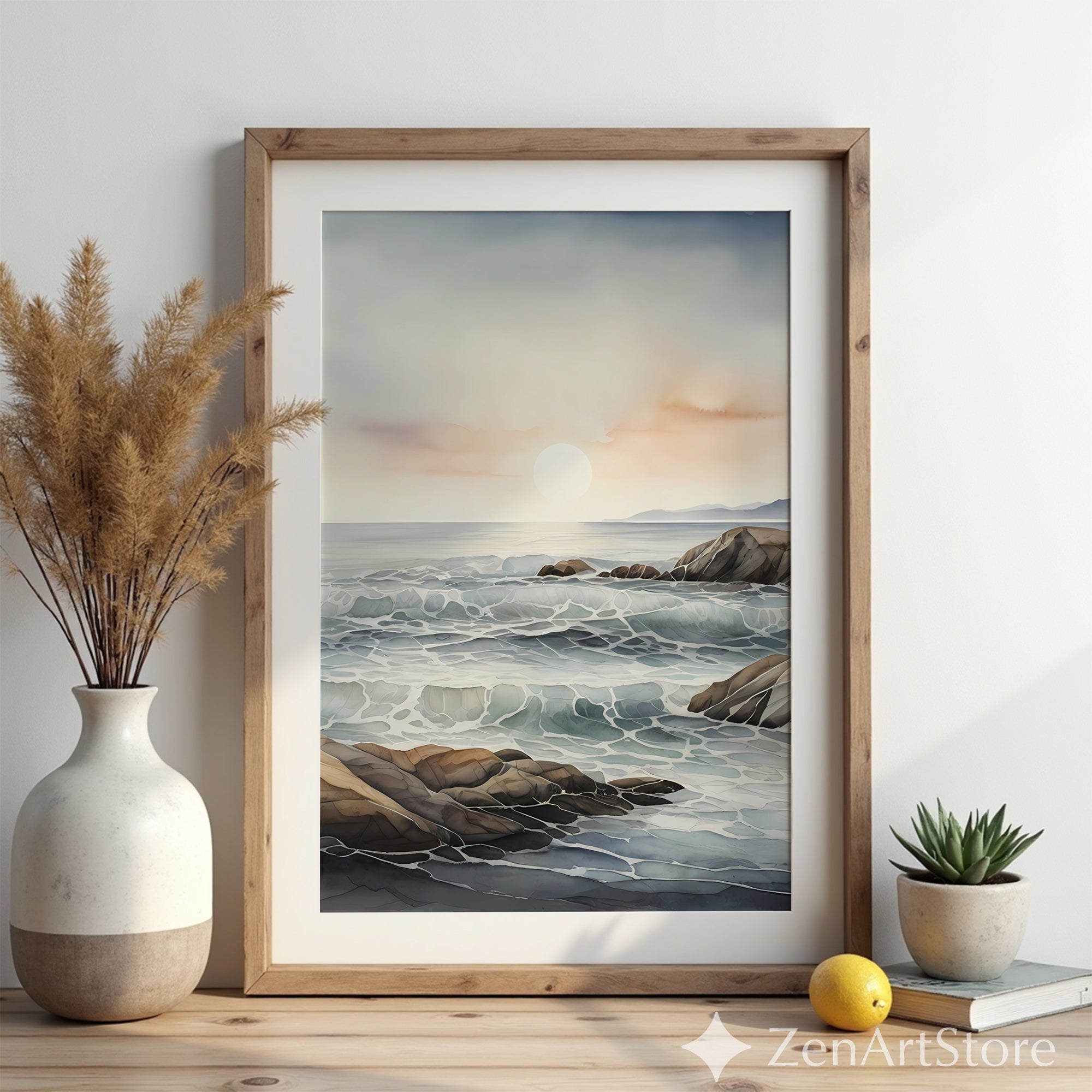Minimal Coastal Seascape Print - Serene Ocean Waves & Rocky Shore | Neutral Beige Blue Japandi Wall Art for Calm Home Decor