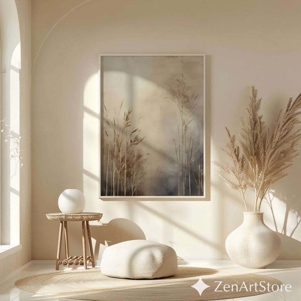 Neutral Botanical Wall Art — Beige Minimal Grass Print, Japandi Wabi Sabi Landscape for Living Room & Bedroom